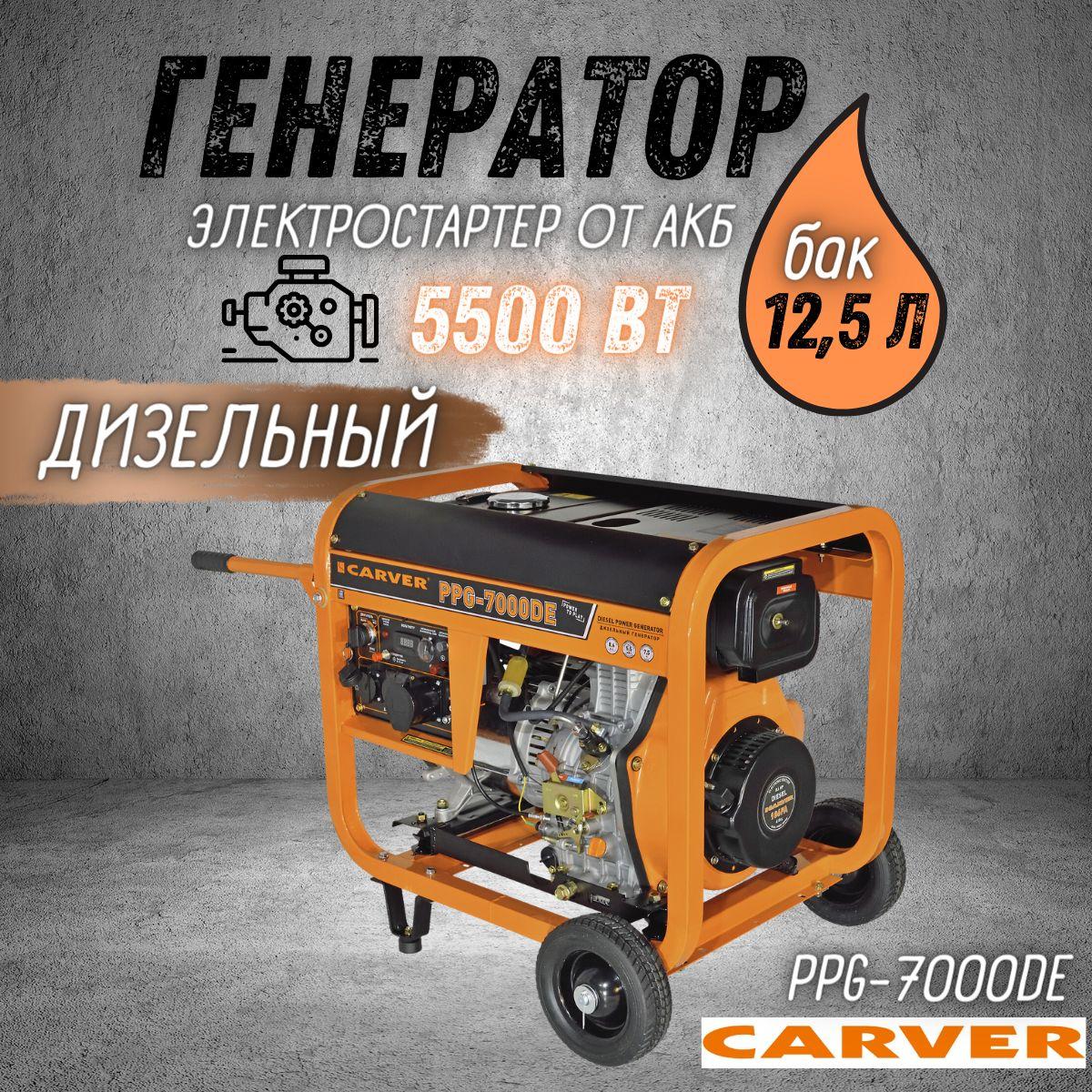 Генератор дизельный CARVER PPG-7000DE дизель LT-186FA ( 5,5 кВт, топливный бак 12,5 л, эл старт АКБ, колеса, медь ) бензогенератор электрогенератор резервное питание автономного энергоснабжения