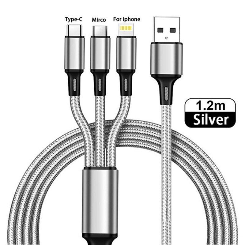 Кабель USB 3 в 1 для зарядки телефона / универсальный провод для смартфонов Iphone и Android с разъемами Lightning Micro USB Type C / Быстрая зарядка 2,4A / 1,2м, серебро