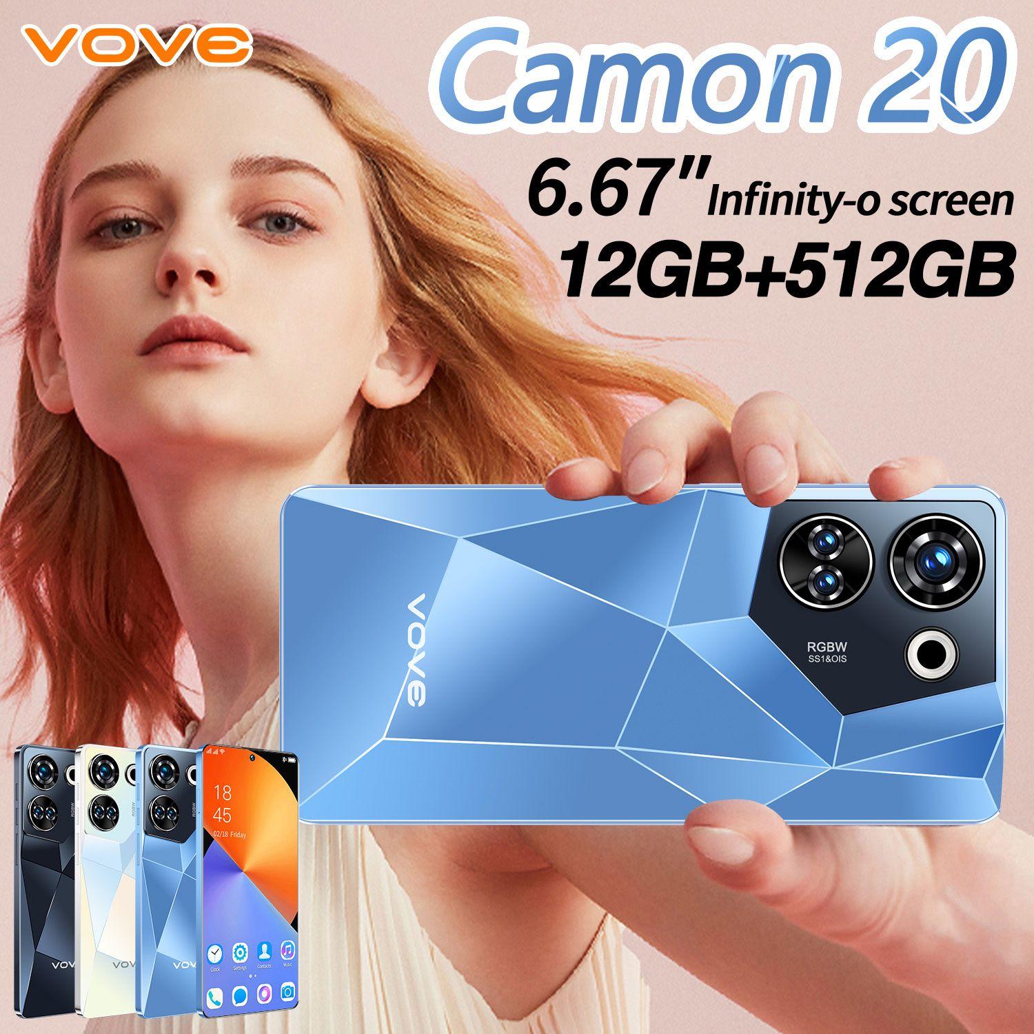 vove Смартфон Новый недорогой смартфон Camon20, ультратонкий корпус, большой объем памяти, длительное время автономной работы, большой экран HD, высокопроизводительный андроид-смартфон EU 8/512 ГБ, синий