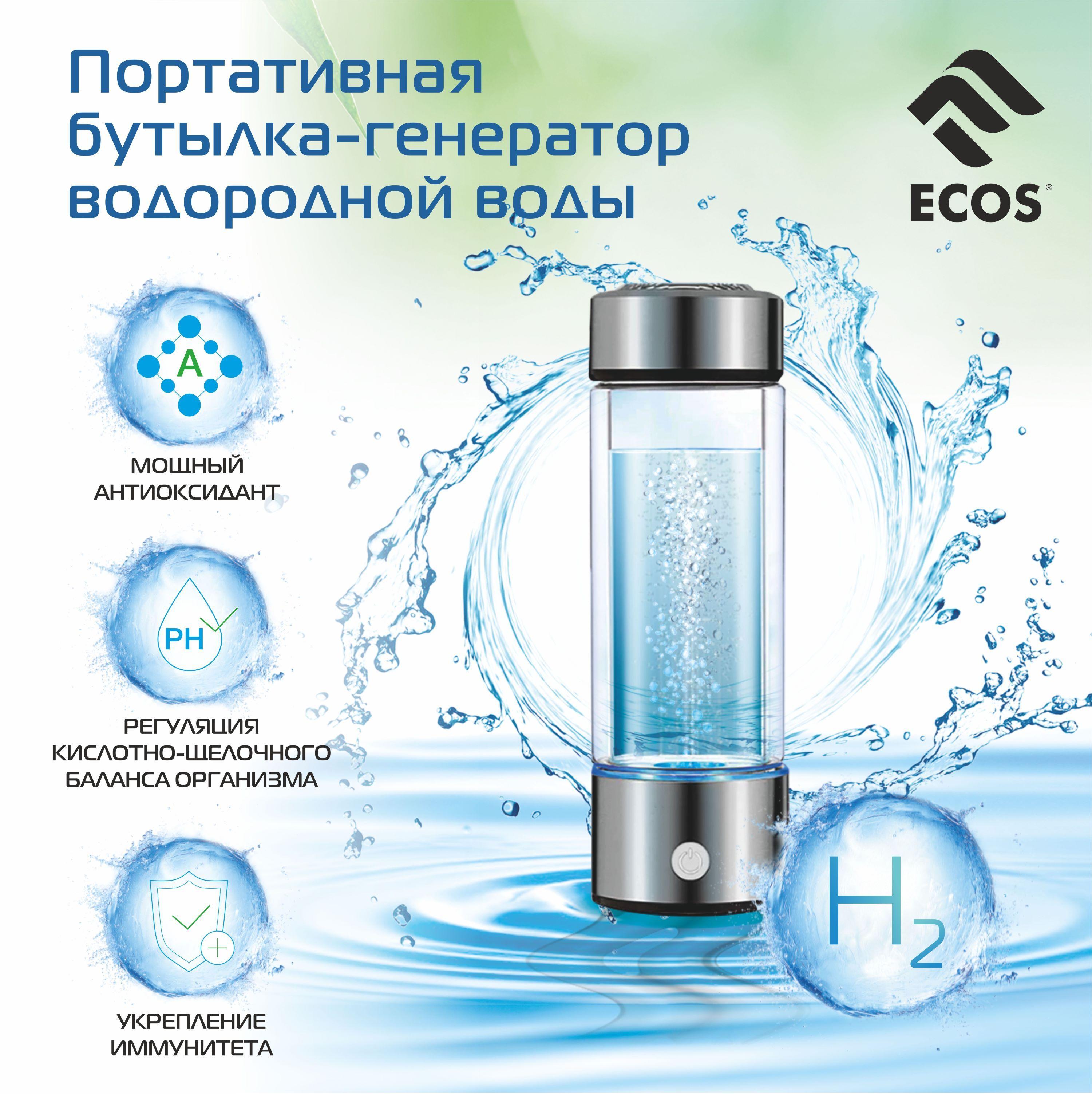 Портативный генератор водорода 400 мл USB / Водородная бутылка ECOS Hydrogen / Ионизатор воды, в подарок