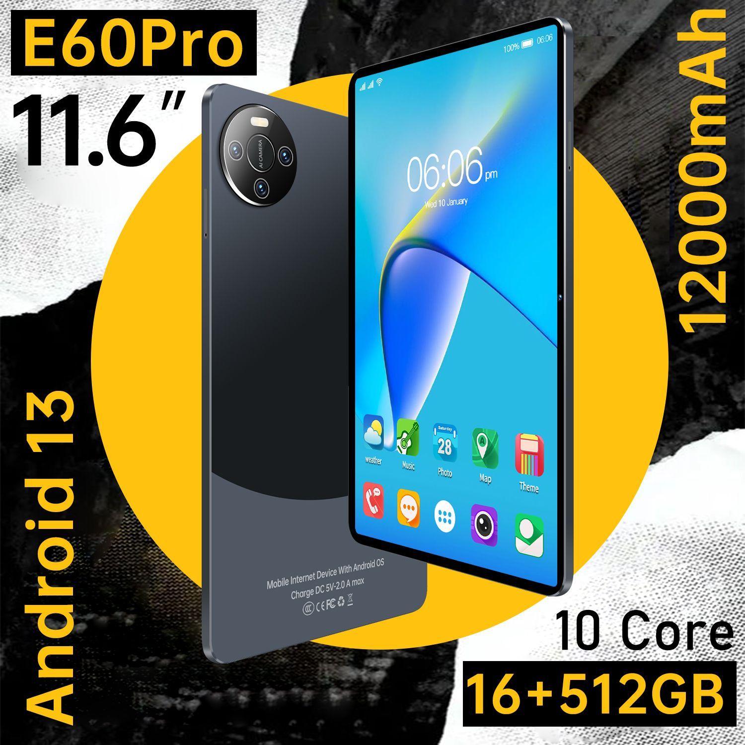 vove Планшет Планшет E60pro, 16+512 Гб, 11,6-дюймовый HD-экран, высокая частота обновления, многофункциональный 5G-планшет, импортный процессор MTK, Android 13, 11.6" 512 МБ/16 ГБ, черный