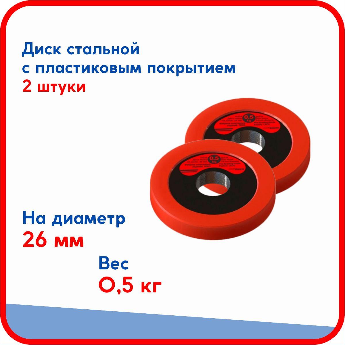 Пара дисков (блинов) по 0,5 кг, стальные облитые пластиком, на гриф для гантели, штанги диаметром 26 мм