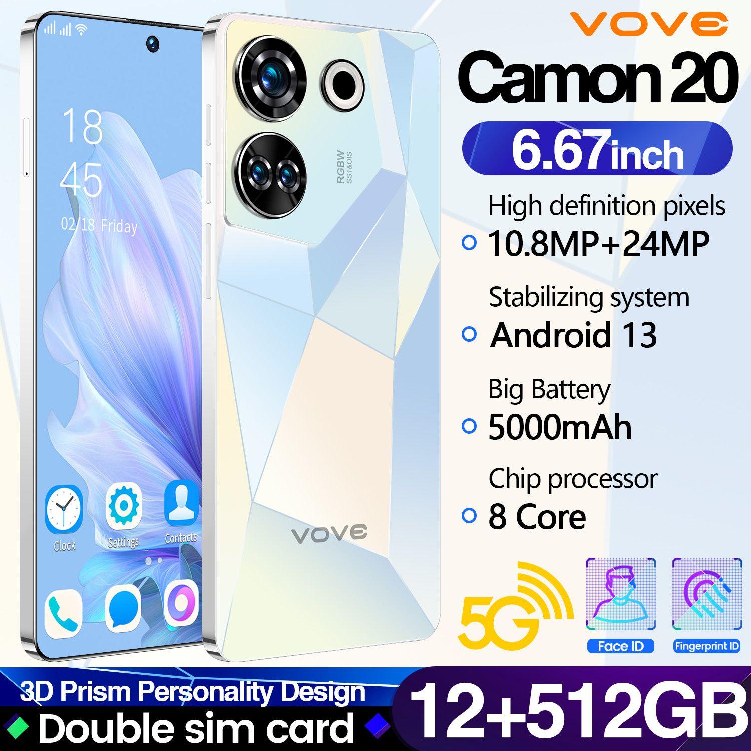 Смартфон Ультра тонкий новый мобильный телефон Camon 20 Dual SIM Dual Standby Smartphone Ультра низкая цена Музыкальный мобильный телефон Игровой мобильный телефон HP Большая память Большой аккумулятор Импортный чип Экстремальная производительность Фирменный мобил EU 12/512 ГБ, голубой, зеркальный