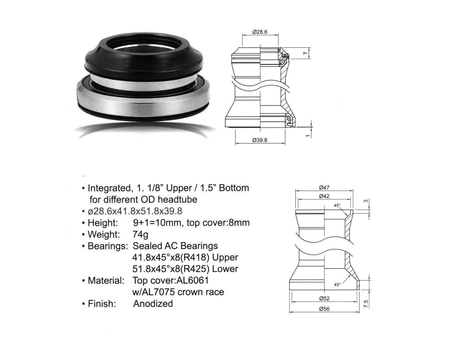 Рулевой набор алюминий интегр. картр. 1 1/8"-1,5" 28,6/41,8/51.8/39,8мм 45 x45 черн. AUTHOR