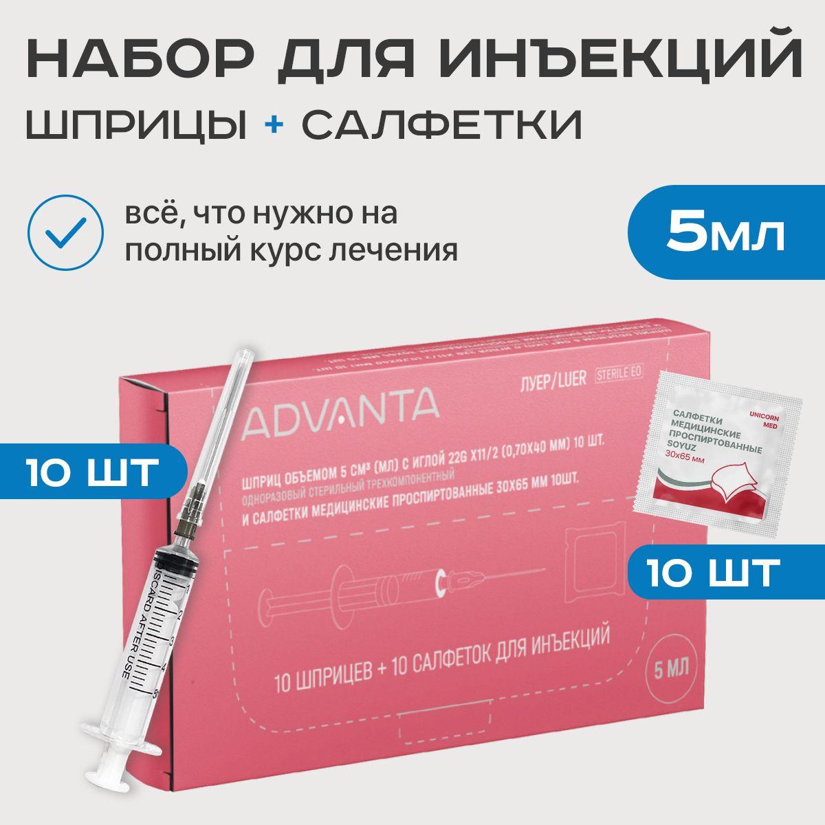 Шприцы медицинские 5 мл 10 шт 3-х компонентные инъекционные одноразовые с иглой 10 спиртовых салфеток