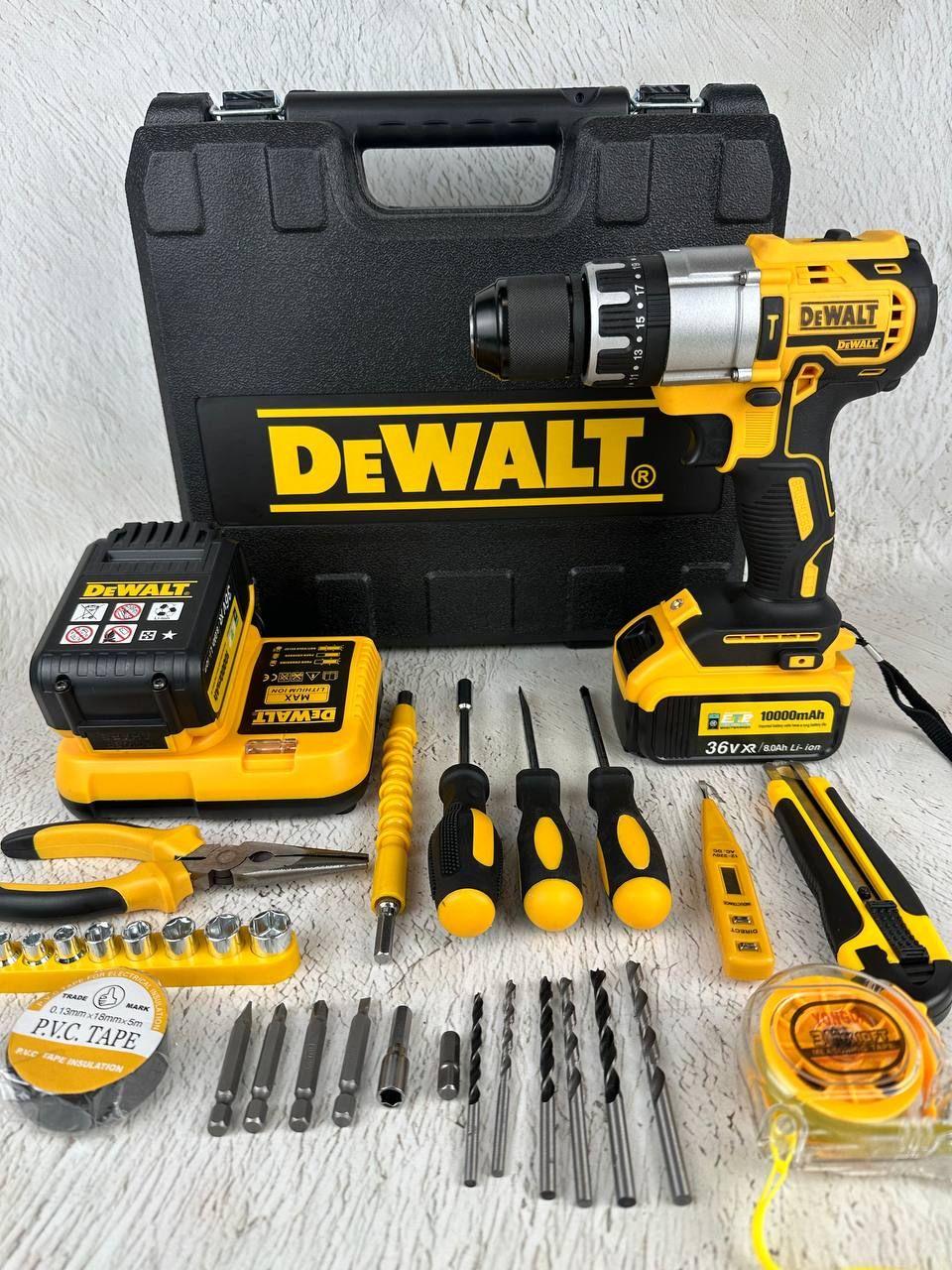 Дрель-шуруповерт Dewalt 36V аккумуляторный ударный с набором инструментов 2 АКБ