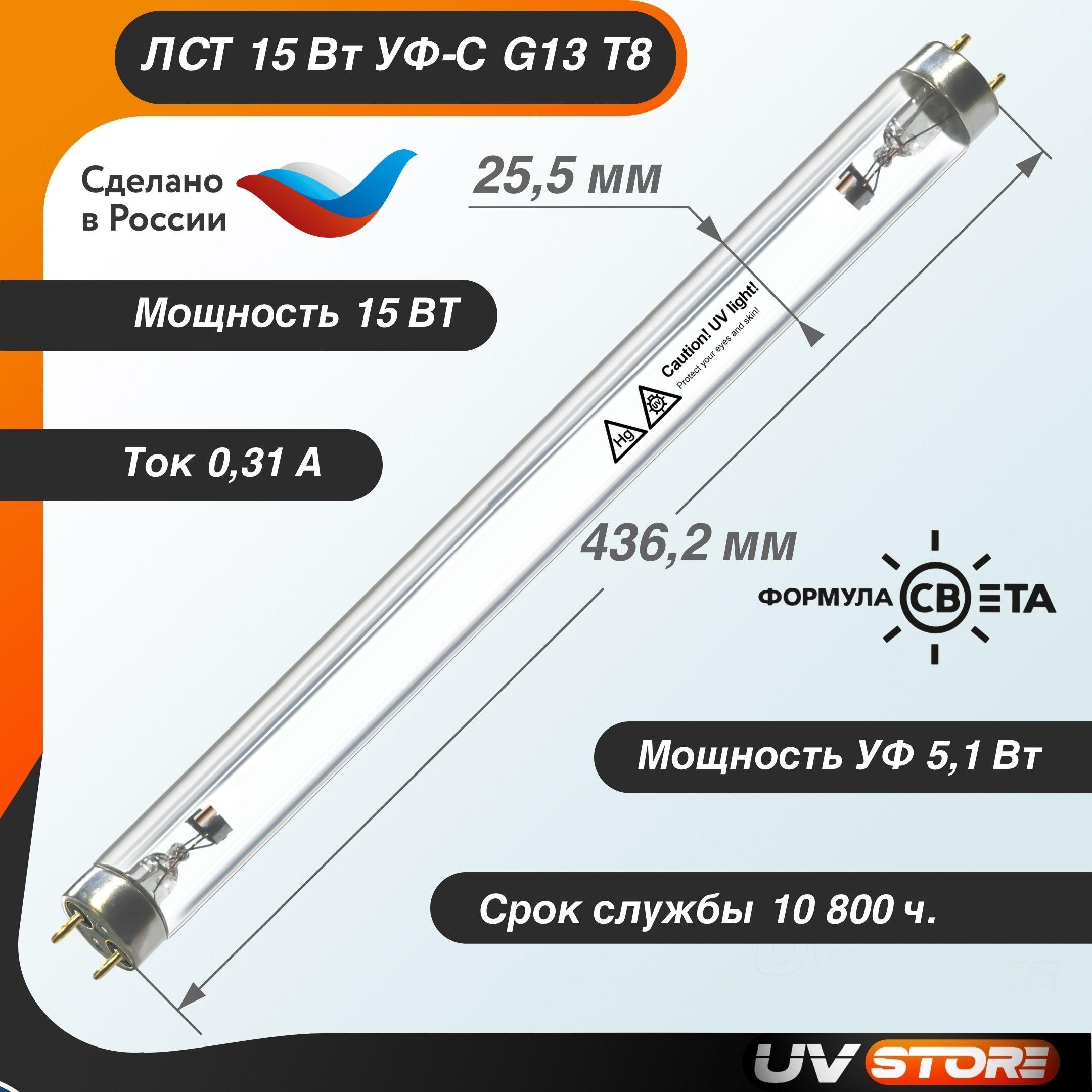 УФ Лампа бактерицидная ультрафиолетовая ЛСТ 15Вт G13 (TUV 15W)