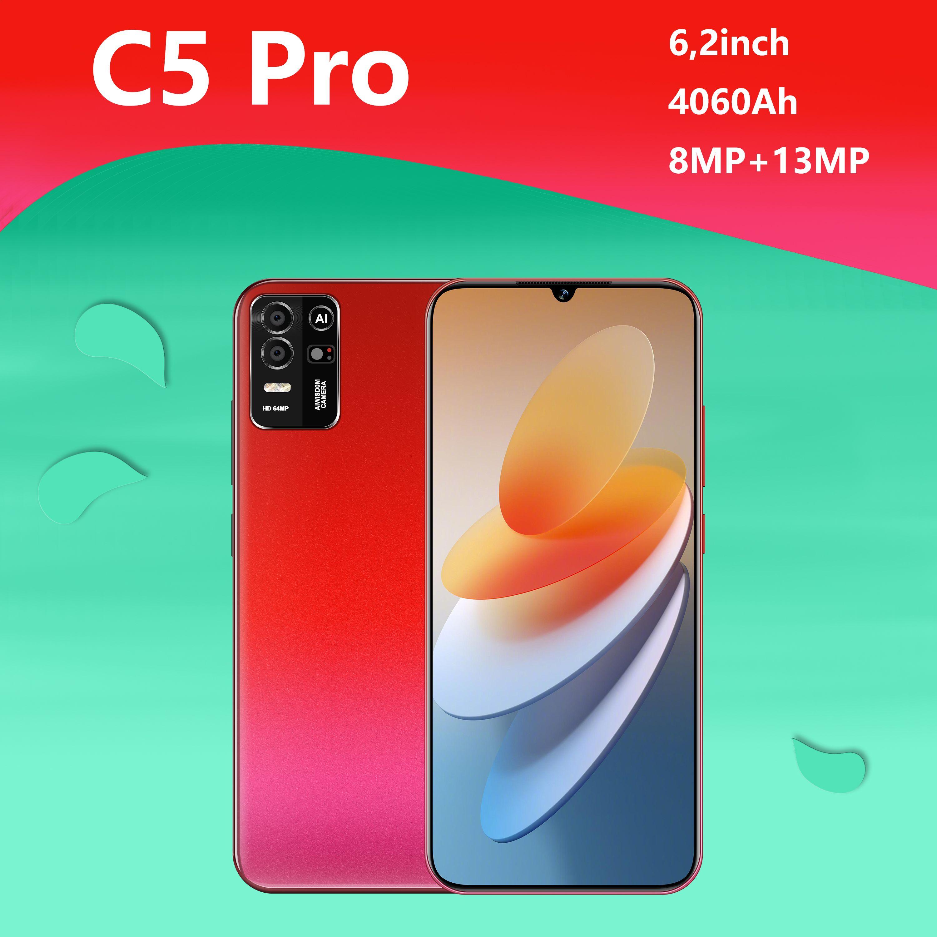 Смартфон Смартфон C5 Pro,русская версия, сеть 4g, 6.2 дюйма, большой HD экран, противоударная и водонепроницаемая защита, мощный процессор, плавная игровая функция, гибкая фото функция, длительное время автономной работы, быстрая зарядка, отличный подарок EU 6/128 ГБ, красный