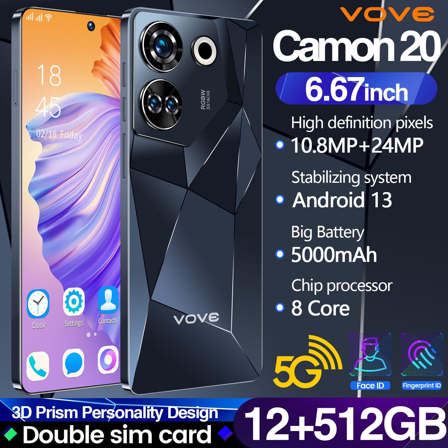 vove Смартфон Смартфон Camon20, новая тонкая модель, большой HD-экран, HD-камера, длительное время автономной работы, умный андроид-телефон EU 12/128 ГБ, черный