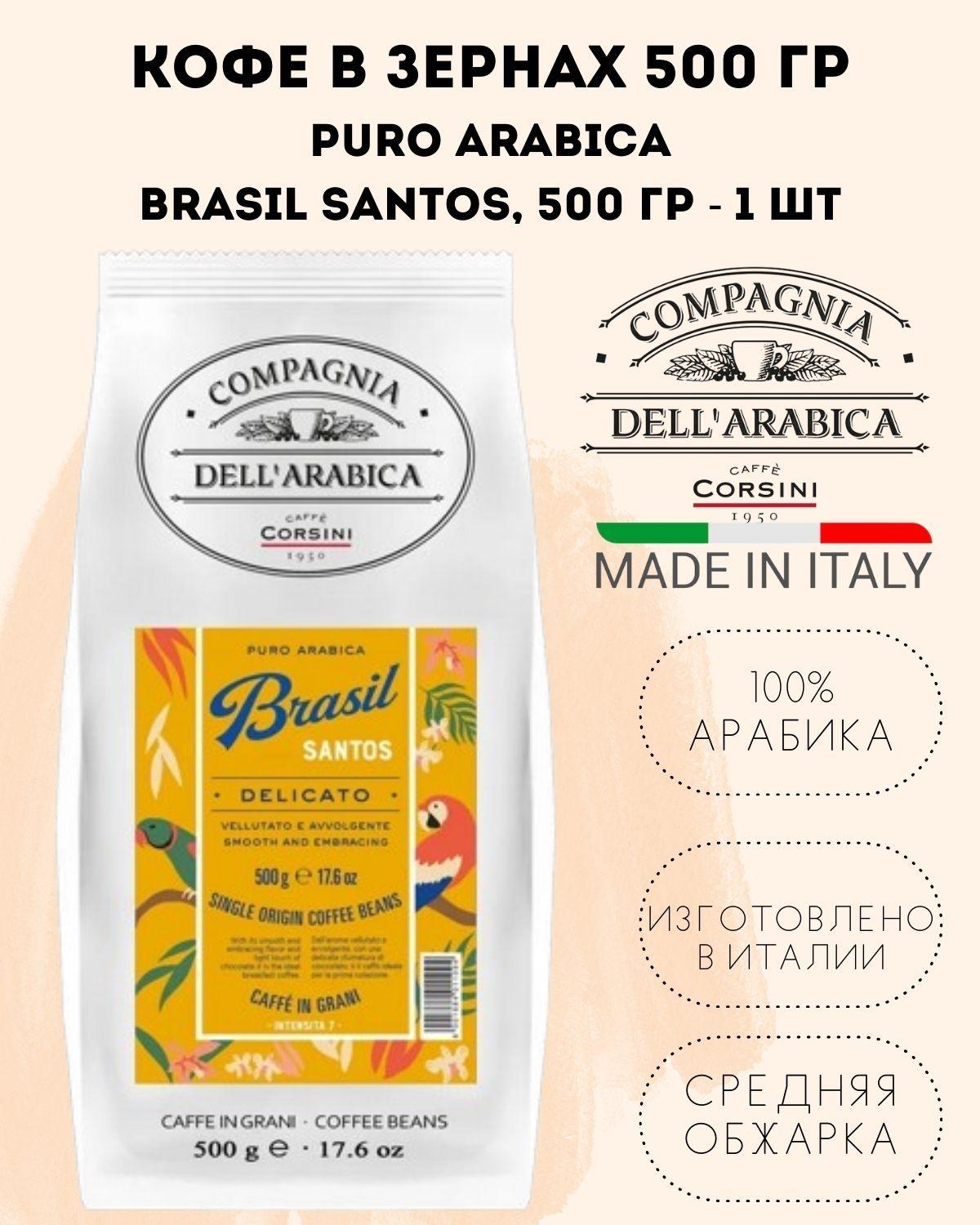 Кофе в зернах Puro Arabica Brasil Santos (Дель Арабика Бразилия Сантос), 500 грамм, 100% арабика средней обжарки в зернах для кофемашины