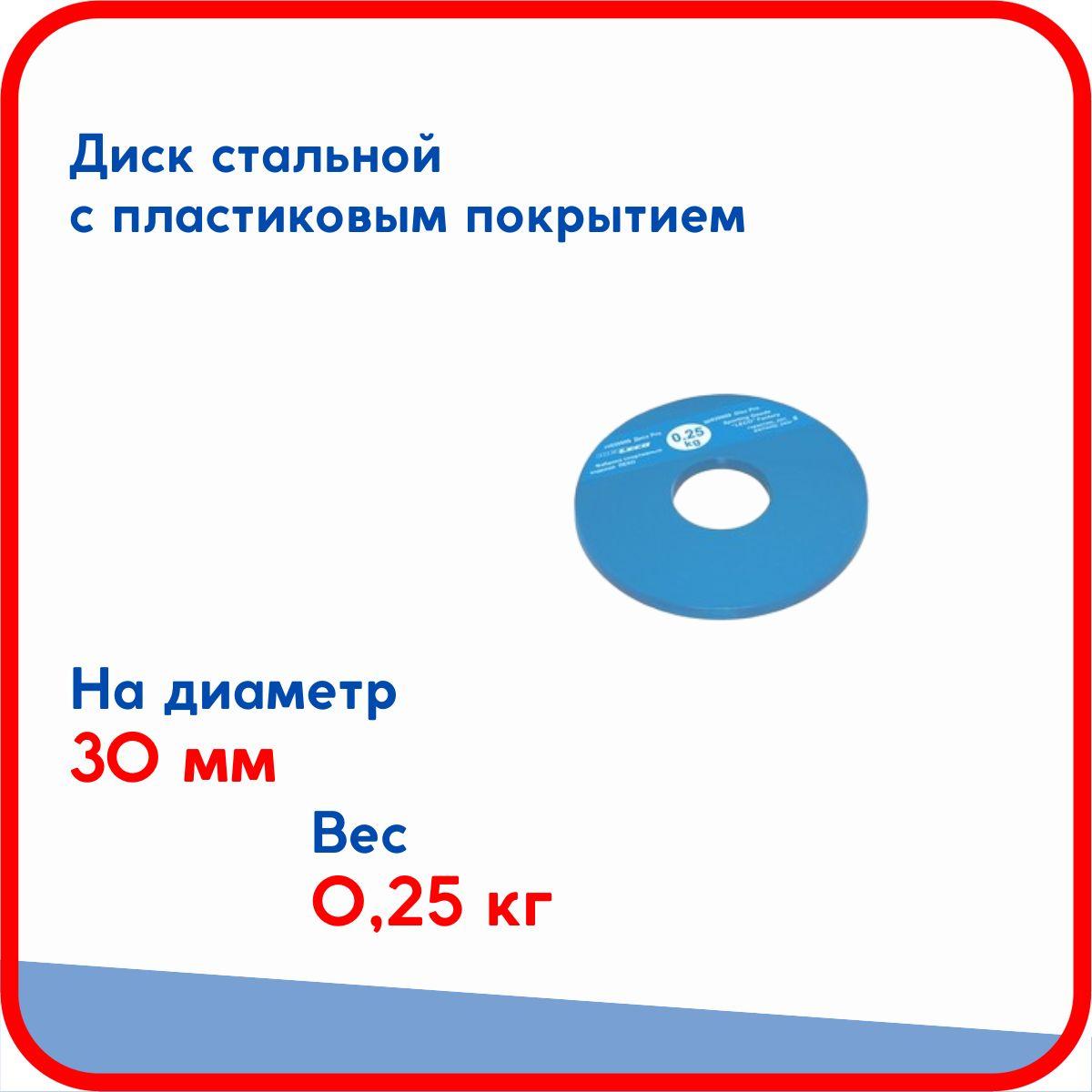 Диск (блин) 0,25 кг Pro, стальной облитый пластиком, на гриф для гантели, штанги диаметром 30 мм