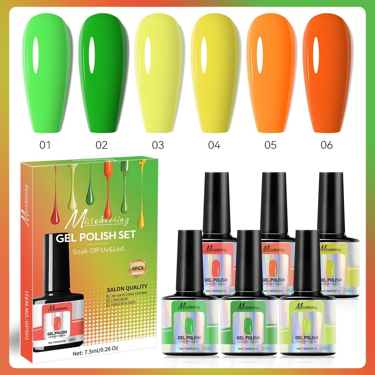 Misscheering: Набор гель лаков для маникюра "gel polish set", 6 шт. х 7.5 мл. салатовый, темно зеленый, желтый, оранжевый, лимонный, морковный