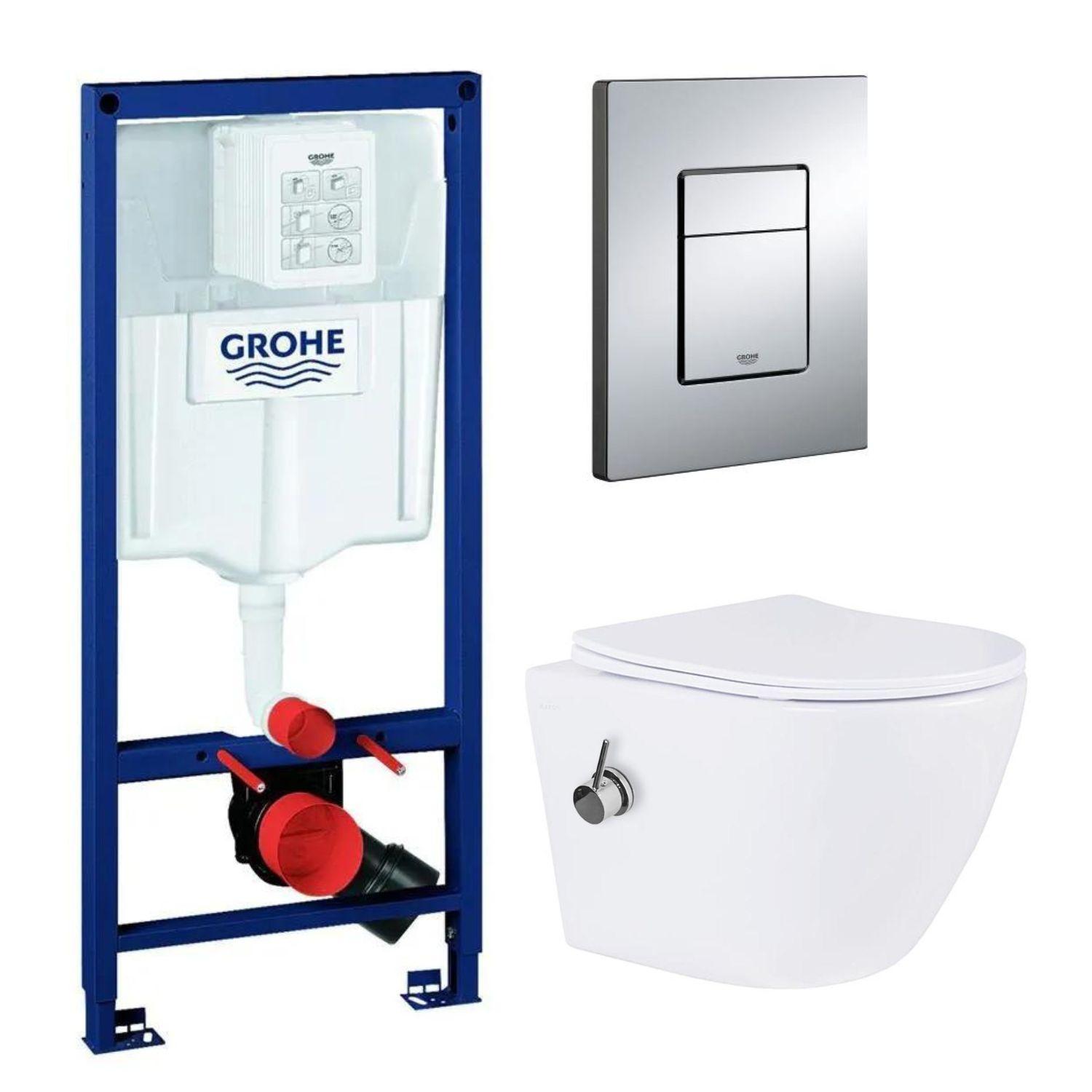 Инсталляция Grohe 38772001 с подвесным безободковым унитазом с функцией биде Roxen Antares Bidet Tornado 530185-01XT, смыв торнадо/сиденье микролифт