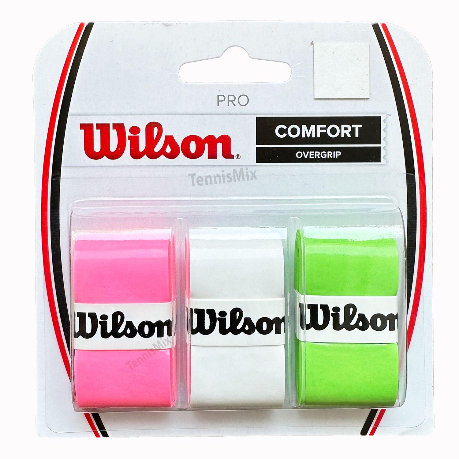 Намотка для теннисной ракетки 3шт Wilson PRO Comfort Multicolour Овергрип липкий впитывающий (Белый Розовый Зеленый)