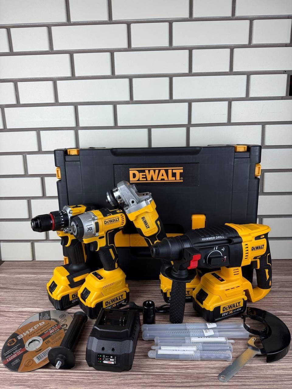 Набор электроинструментов аккумуляторных для дома в чемодане DeWalt 4в1 в комплекте 4 мощных АКБ / ушм 125 , гайковерт, перфоратор, дрель шуруповерт деволт набор инструментов