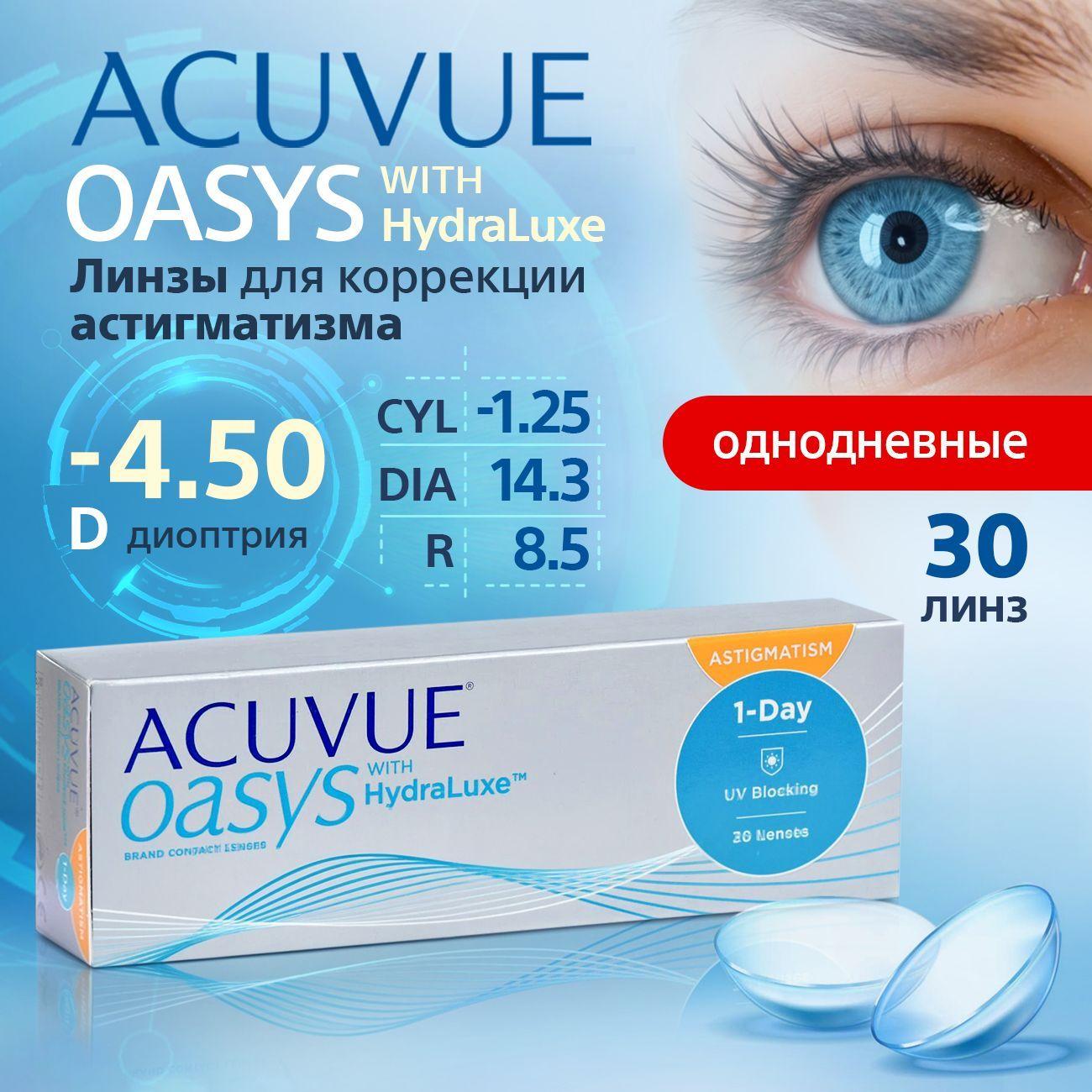 Астигматические линзы ACUVUE Oasys 1-Day with HydraLuxe for ASTIGMATISM, -4.50, -1.25, 8.5, 30 шт, однодневные