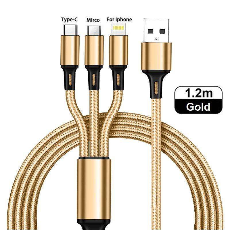 ZBS | Кабель USB 3 в 1 для зарядки телефона / универсальный провод для смартфонов Iphone и Android с разъемами Lightning Micro USB Type C / Быстрая зарядка 2,4A / 1,2м, золотой