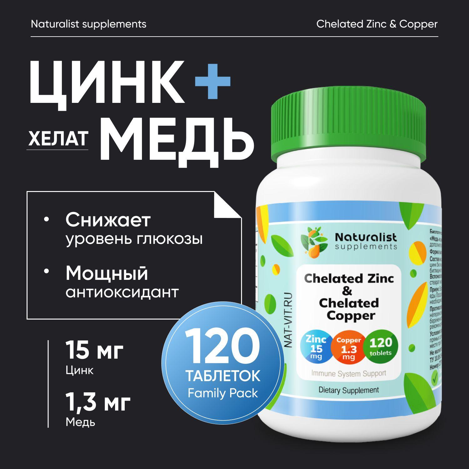 Медь и цинк хелат 250 мг / 120 шт / Naturalist supplements