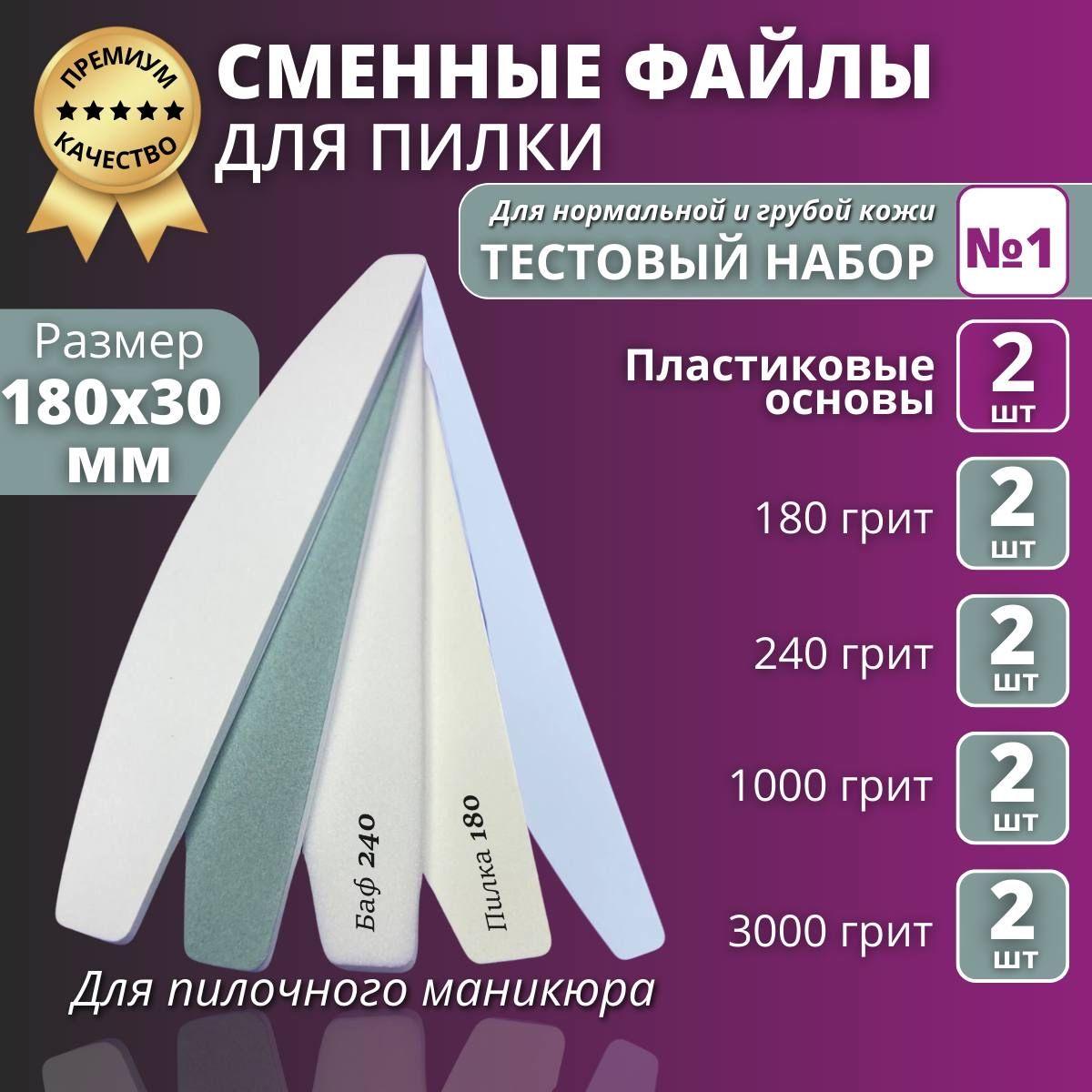 Тестовый набор N 1, Премиум - сменные файлы для пилочного маникюра, 8 шт 180/240/1000/3000 грит с 2 пластиковыми основами