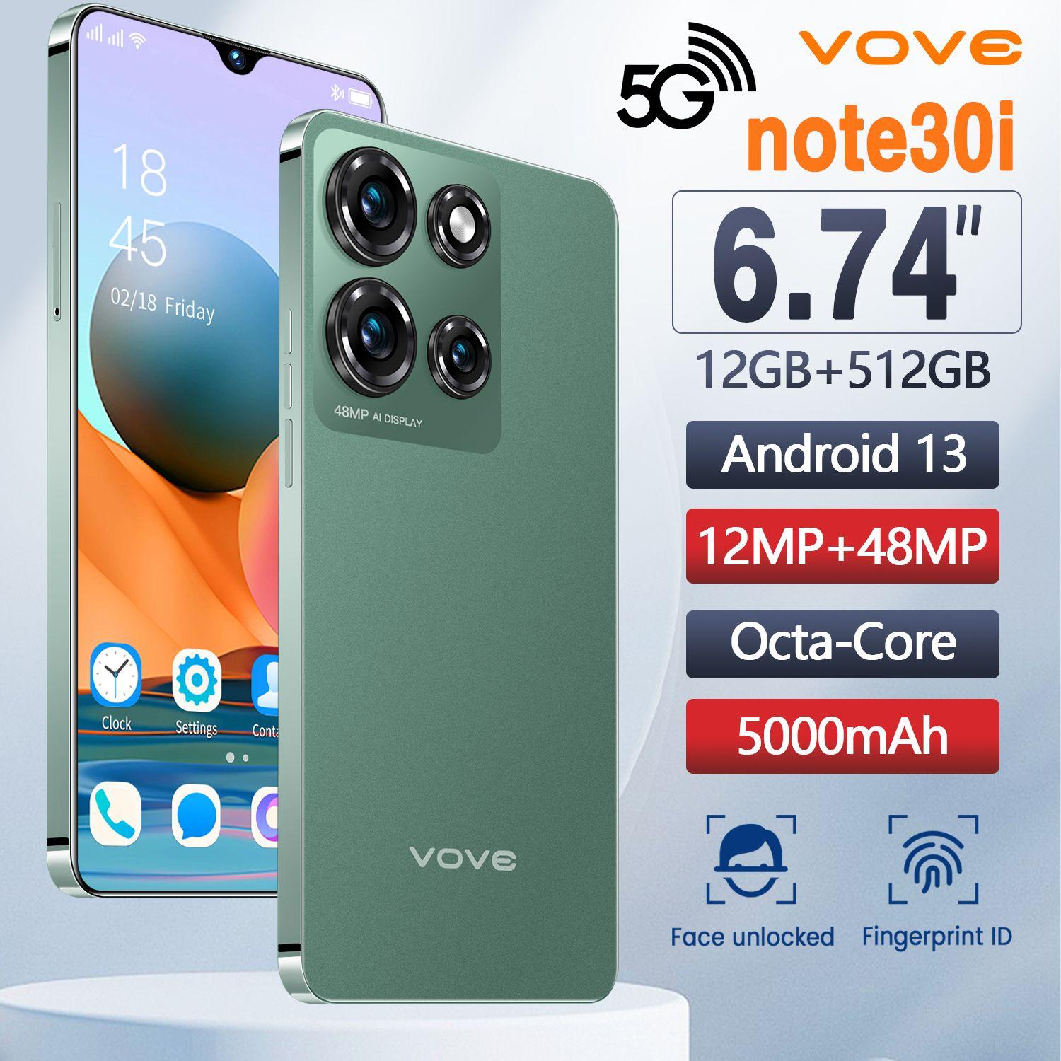 vove Смартфон Новый недорогой смартфон Note30i EU 12/512 ГБ, черный