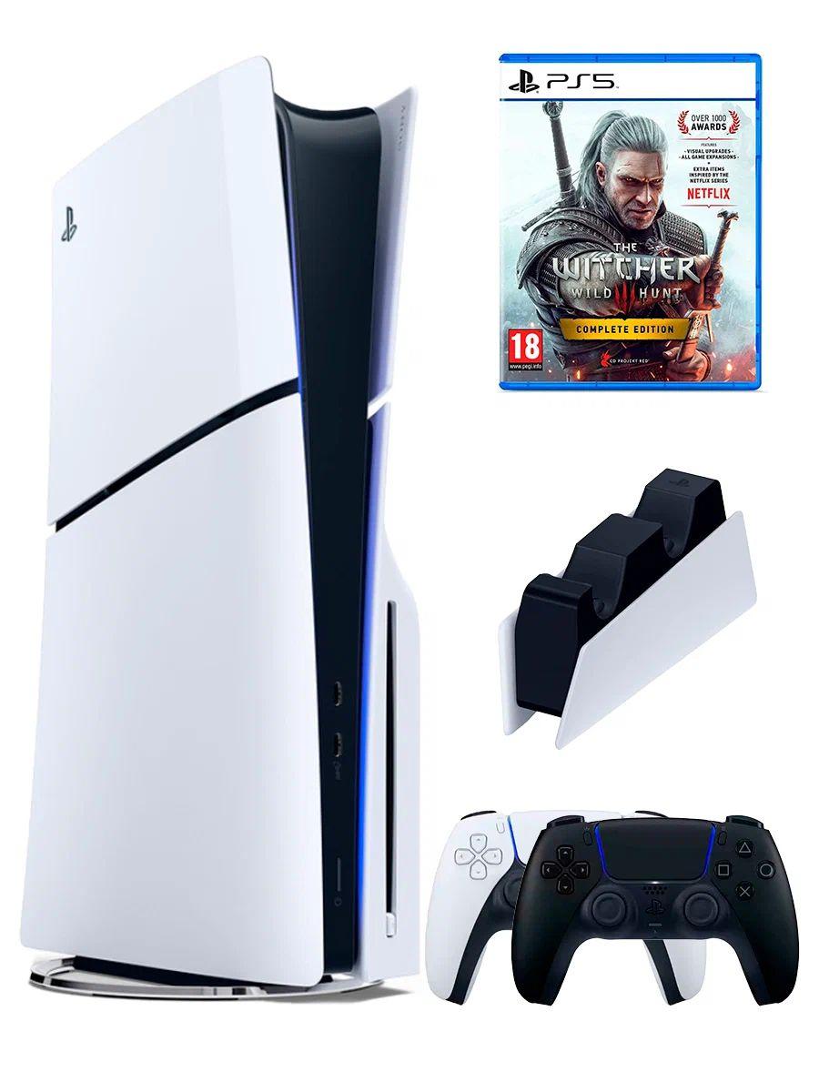 PS5 (ПС5) Игровая приставка Sony PlayStation 5 Slim disk+2-й геймпад(черный)+зарядное+ игра Witcher 3