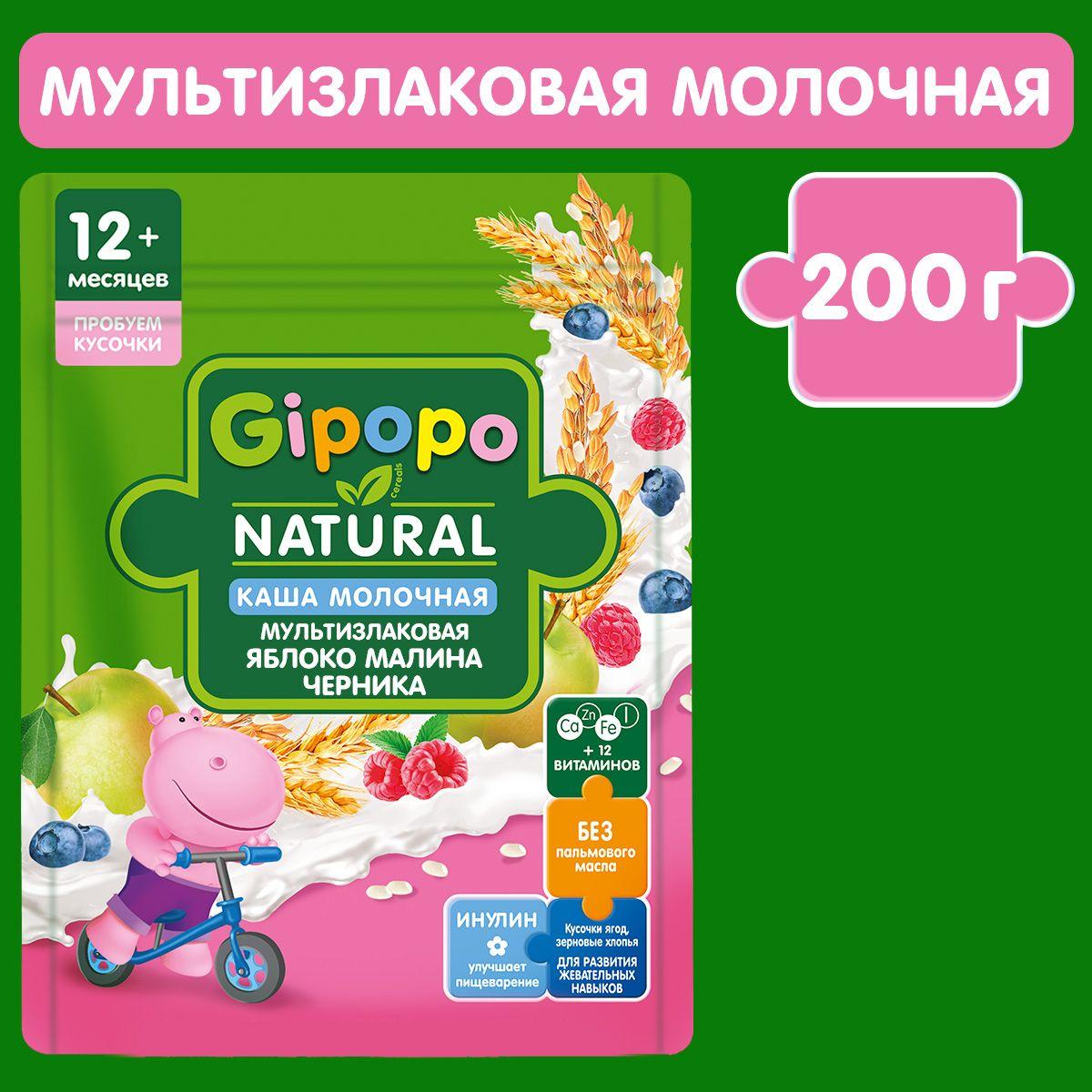 Каша мультизлаковая детская  GIPOPO с 12 месяцев, молочная, с кусочками яблока, малины и черники, 200 г