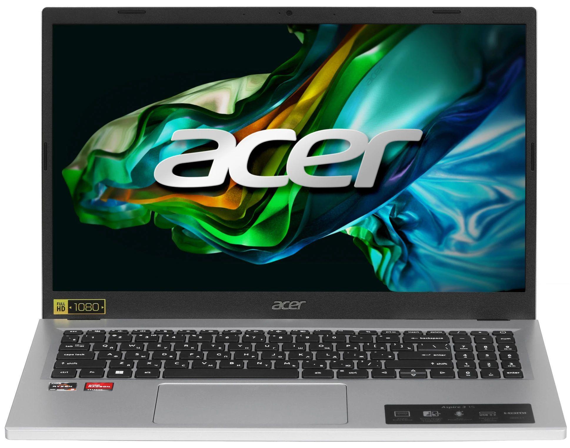 Acer Acer Aspire 3 A315-24P-R4YP, 1920x1080, IPS, AMD Ryzen 3 7320U, RAM 16 ГБ, SSD 512 ГБ, AMD Radeon Graphics, без ОС, серебристый Ноутбук 15.6", AMD Ryzen 3 7320U, RAM 16 ГБ, SSD, AMD Radeon Graphics, Без системы, (NX.KDECD.00G), серебристый, Русская раскладка