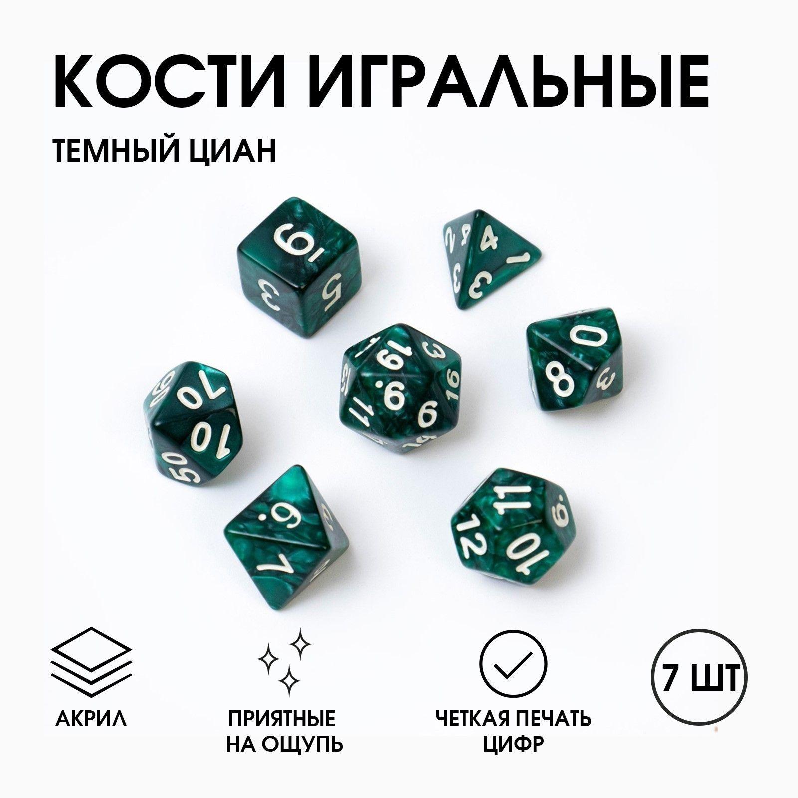 Кости игральные, дайсы "Темный циан" для D&D, 7 шт