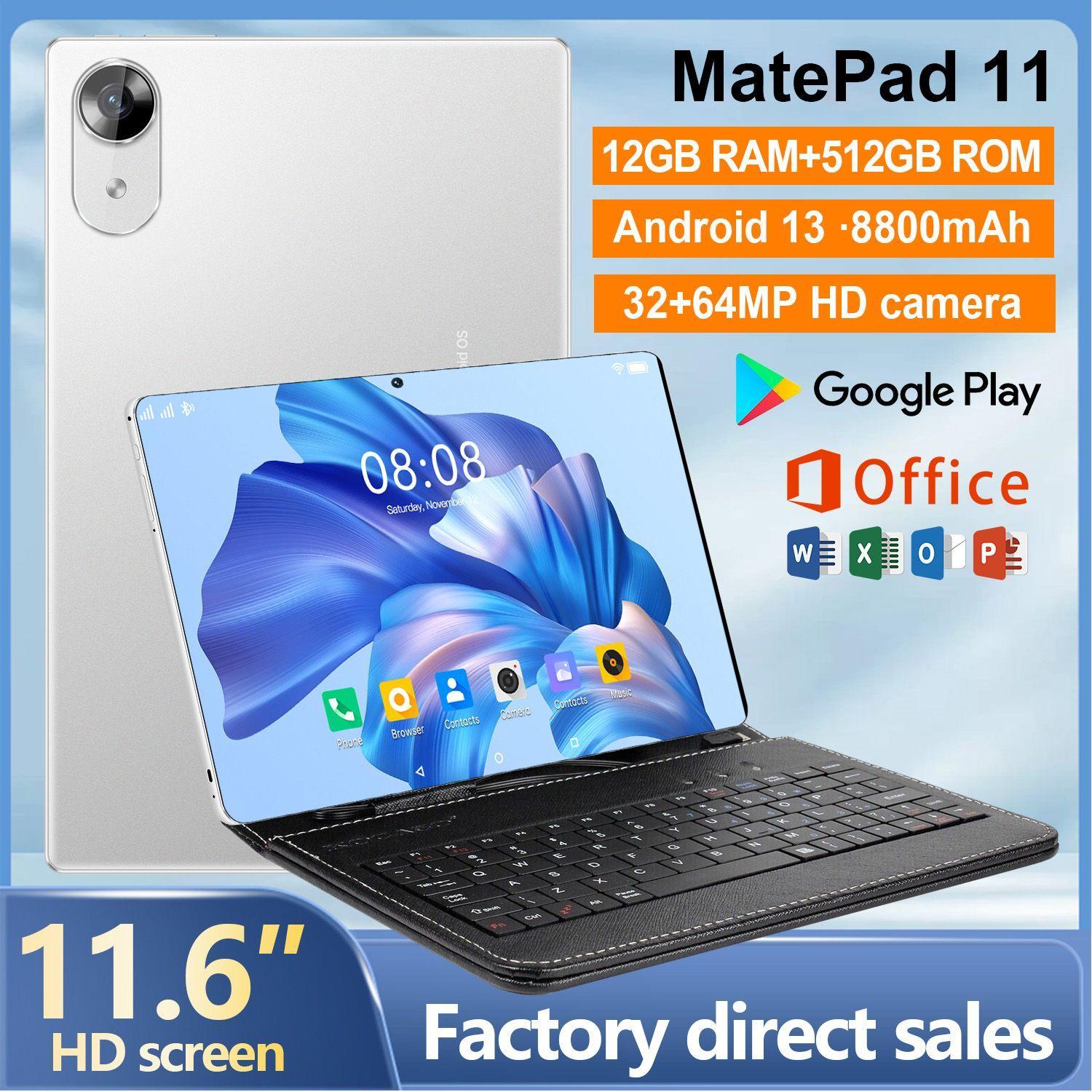 vove Планшет  MatePad11 Планшет 11.6 12+512GB  Android 13 / WiFi + Две Sim-карты + SD-карта, Поддержка русской, кожаная клавиатура Русский+стилус+защитное стекло,8800 мАч, подходит для развлечений/офиса/кабинета/путешествий 2024 new, 11.6" 12 ГБ/512 ГБ, серебристый