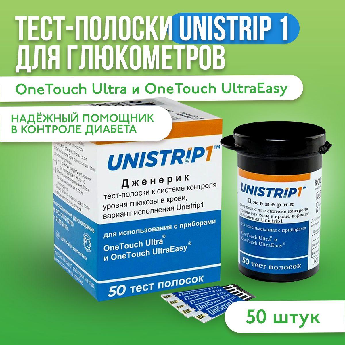 Тест-полоски Unistrip 1 (Юнистрип 1) для глюкометров OneTouch Ultra и UltraEasy, 50 штук