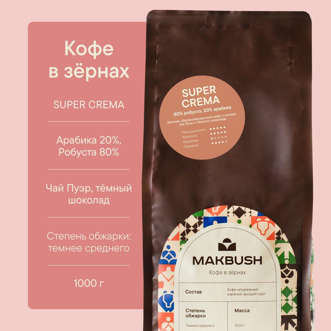 Кофе в зернах MakBush SUPER CREMA 1 кг, Робуста 80% и Арабика 20%, натуральный, свежеобжаренный