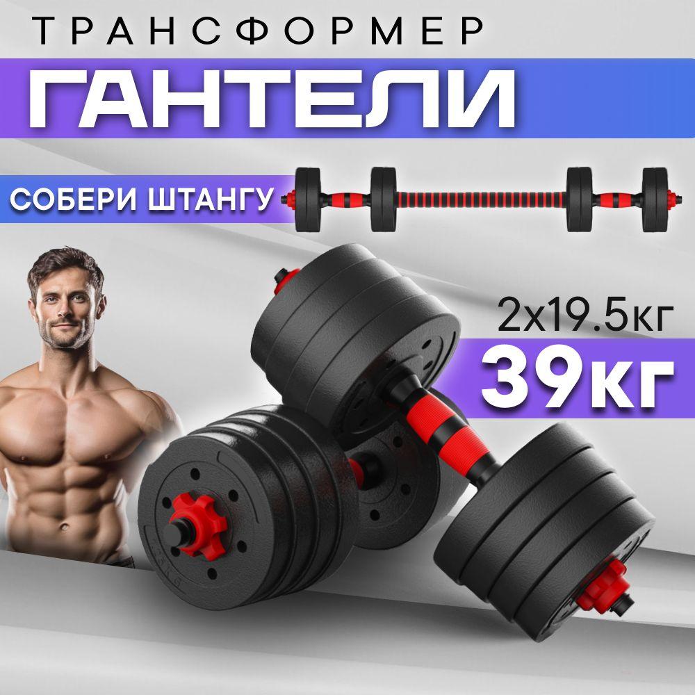 тутСПОРТ | Гантели разборные 39 кг, 2 шт. по 19,5 кг для фитнеса и спорта регулируемые. Набор с грифом, трансформер, черный, красный цвет, для тренировок.