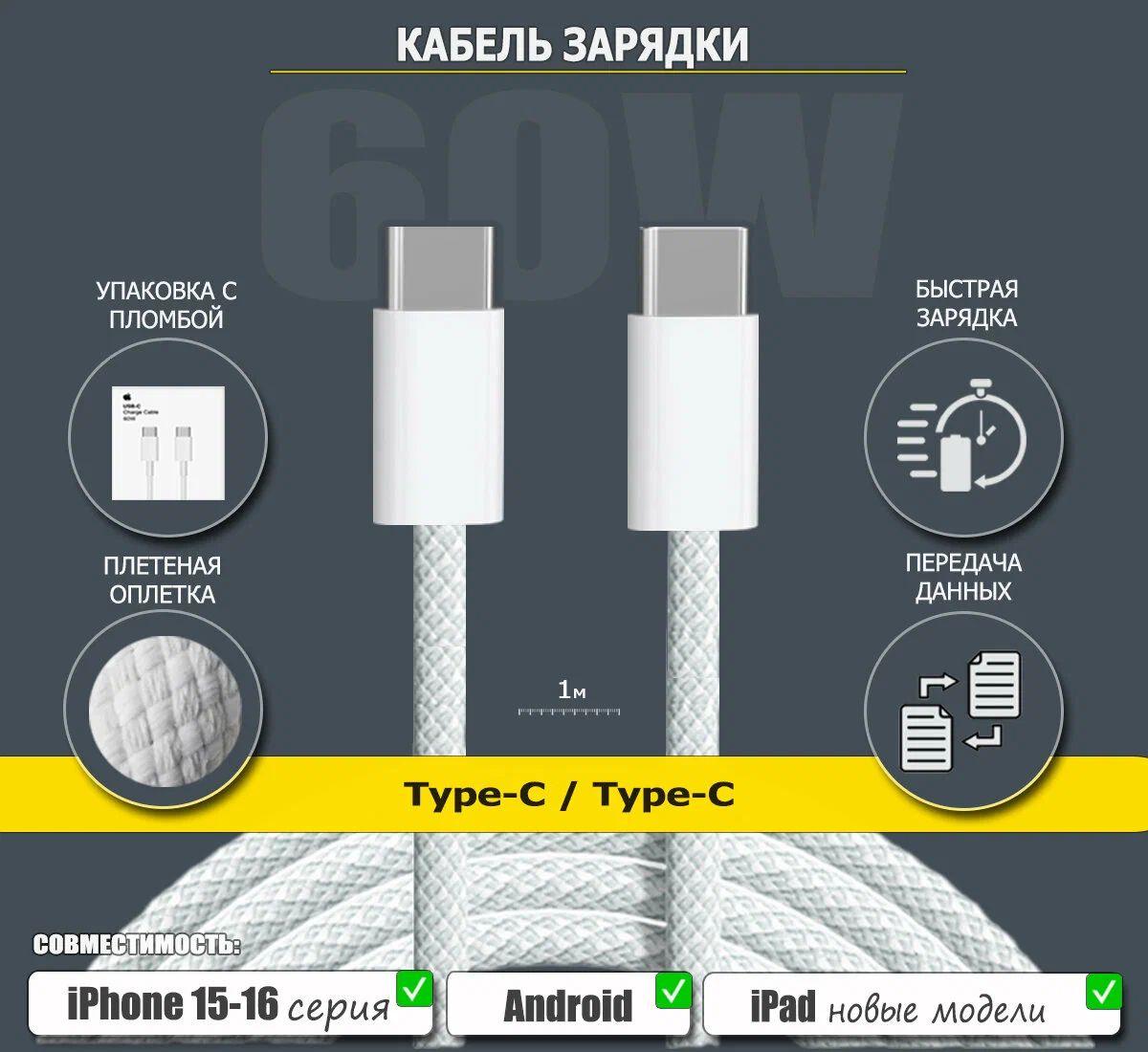 Кабель TypeC-TypeC для iPhone 15-16 Pro Max, Plus, iPad Pro, Android, 60 Вт