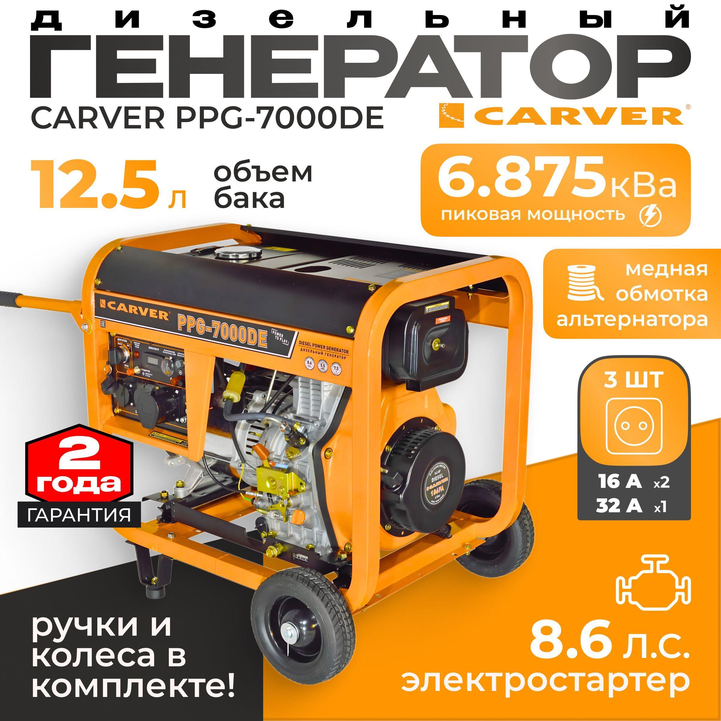 Дизельный генератор CARVER PPG-7000DЕ (5,5кВт, медная обмотка, 4х тактный, электрический стартер) автономный генератор, источник бесперебойного электропитания