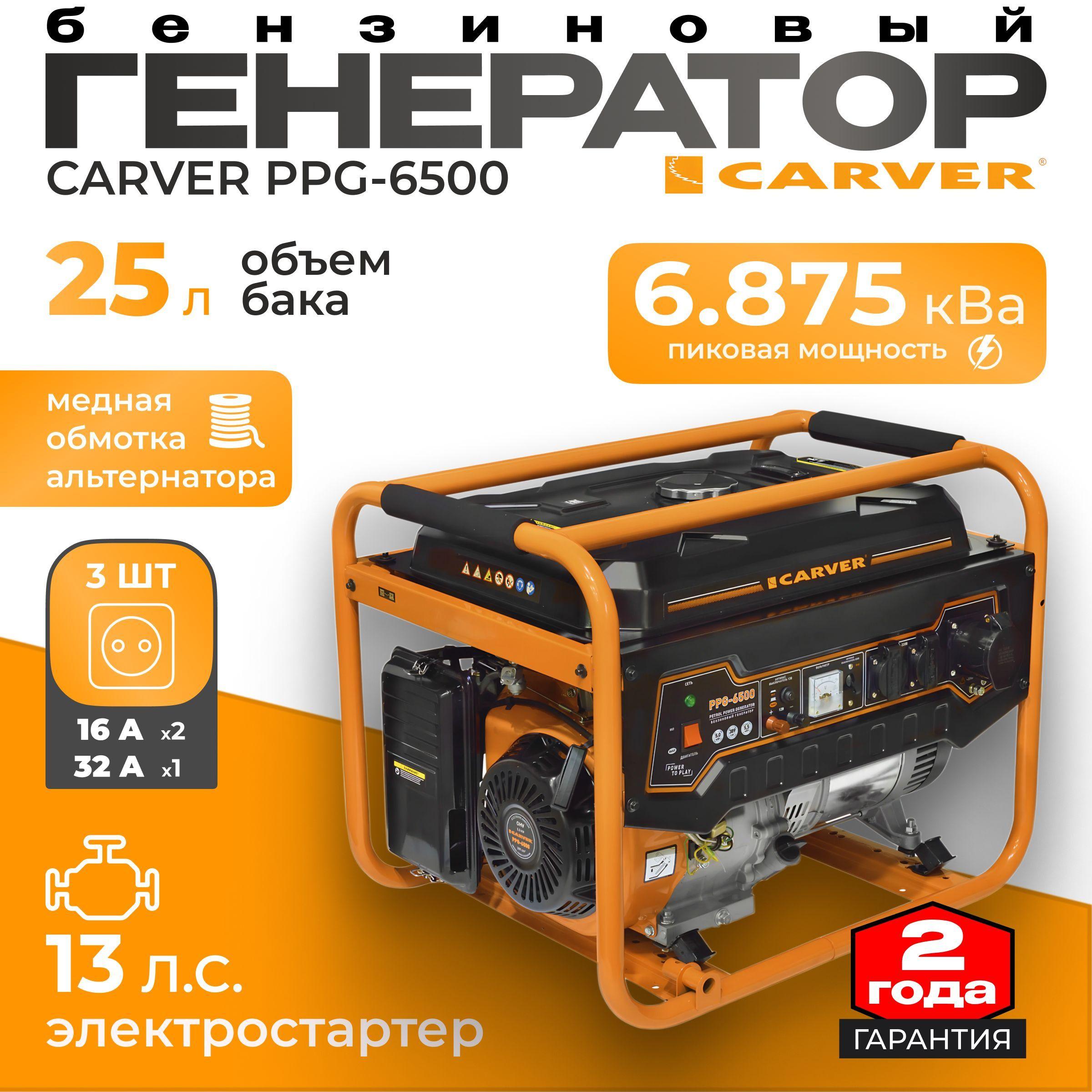 Генератор бензиновый CARVER PPG-6500, 5,5 кВт, бак 25 л, бензогенератор Карвер электрогенератор синхронный, резервное питание, электростанция 220 В для автономного энергоснабжения дома