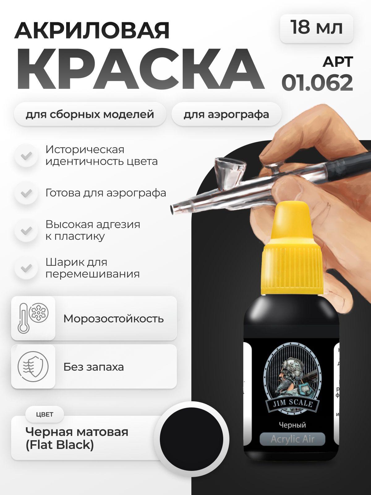 Акриловая краска для сборных моделей для аэрографа Jim Scale: Flat Black (Черная матовая) 18мл