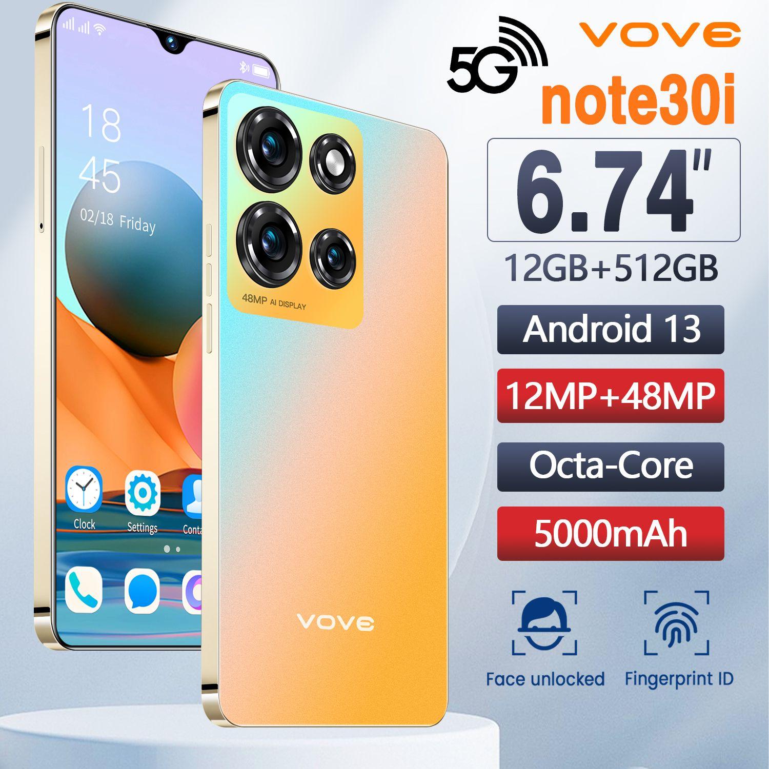 vove Смартфон Новый недорогой смартфон Note30i EU 12/512 ГБ, зеленый