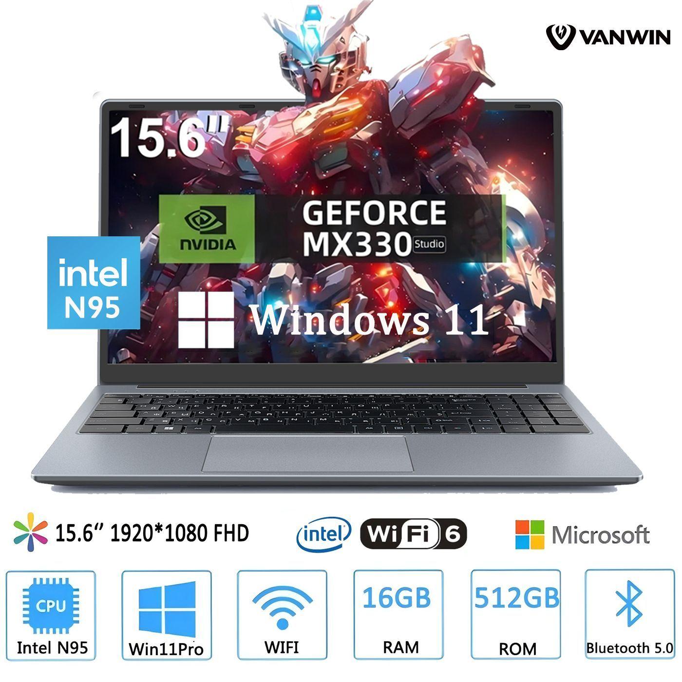 VANWIN Windows 11 Pro Игровой ноутбук 15.6", Intel N95, RAM 16 ГБ, SSD 512 ГБ, NVIDIA GeForce MX330 (2 Гб), Windows Pro, (Быстрая зарядка Type-C), черно-серый, Русская раскладка