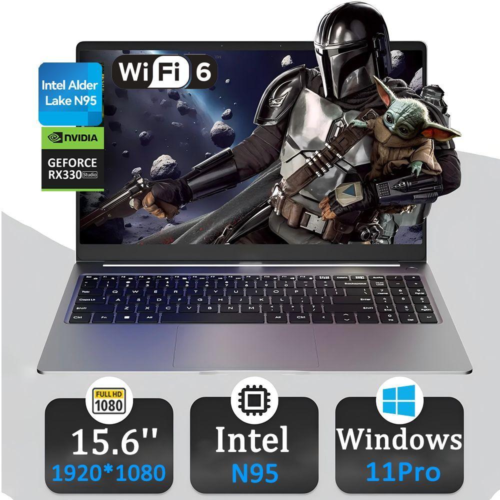 VANWIN Windows 11 Pro，быстрая зарядка Type-C Игровой ноутбук 15.6", Intel N95, RAM 16 ГБ, SSD 512 ГБ, NVIDIA GeForce MX330 (2 Гб), Windows Pro, черно-серый, серебристый, Русская раскладка