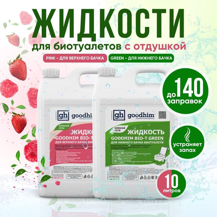 Жидкость для нижнего и верхнего бачка биотуалета GOODHIM, набор GREEN + PINK, 5л+ 5л