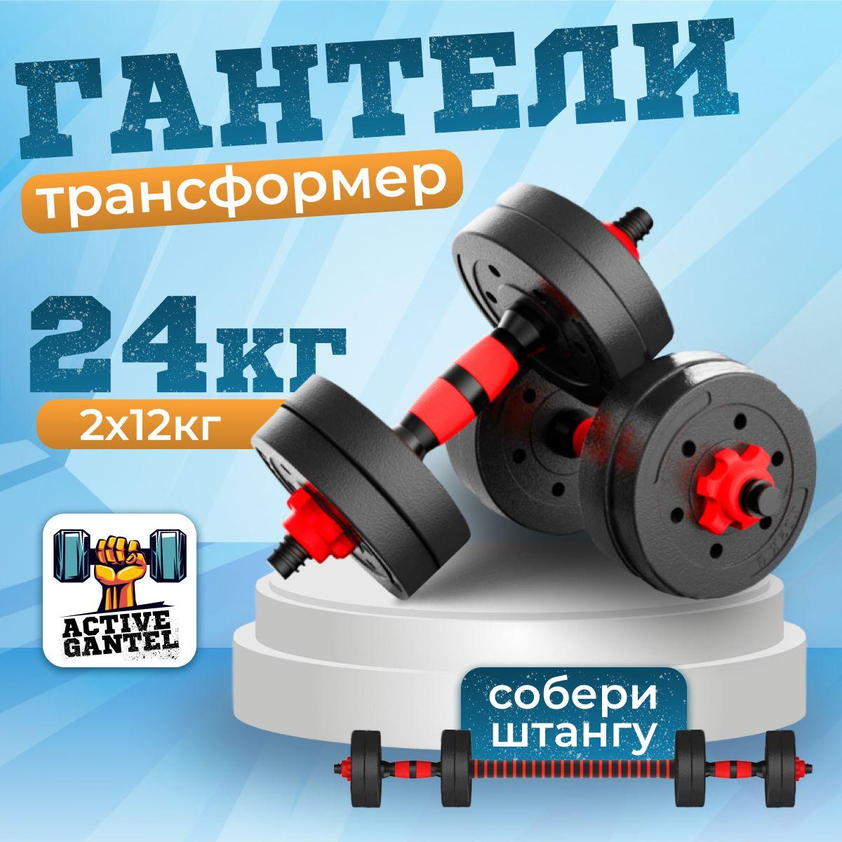 Active Gantel | Гантели трансформер 24 кг, 2 шт. по 12 кг для фитнеса и спорта регулируемые. Набор с грифом, разборные, черный, красный цвет, для тренировок