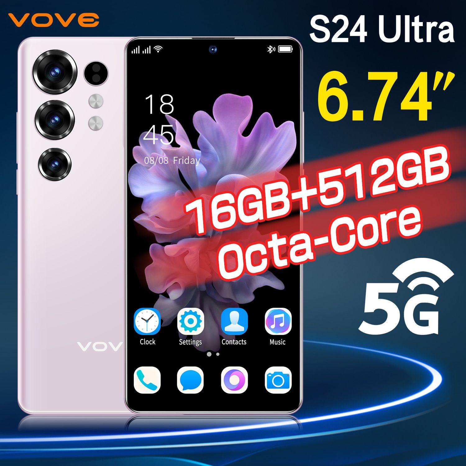 vove Смартфон Новый недорогой смартфон S24Ultra, большой памяти, ультратонкий новый, 6,74 HD полный экран, импортный чип, Android 13, высокая скорость работы игр музыкального программного обеспечения смарт EU 16/512 ГБ, светло-розовый