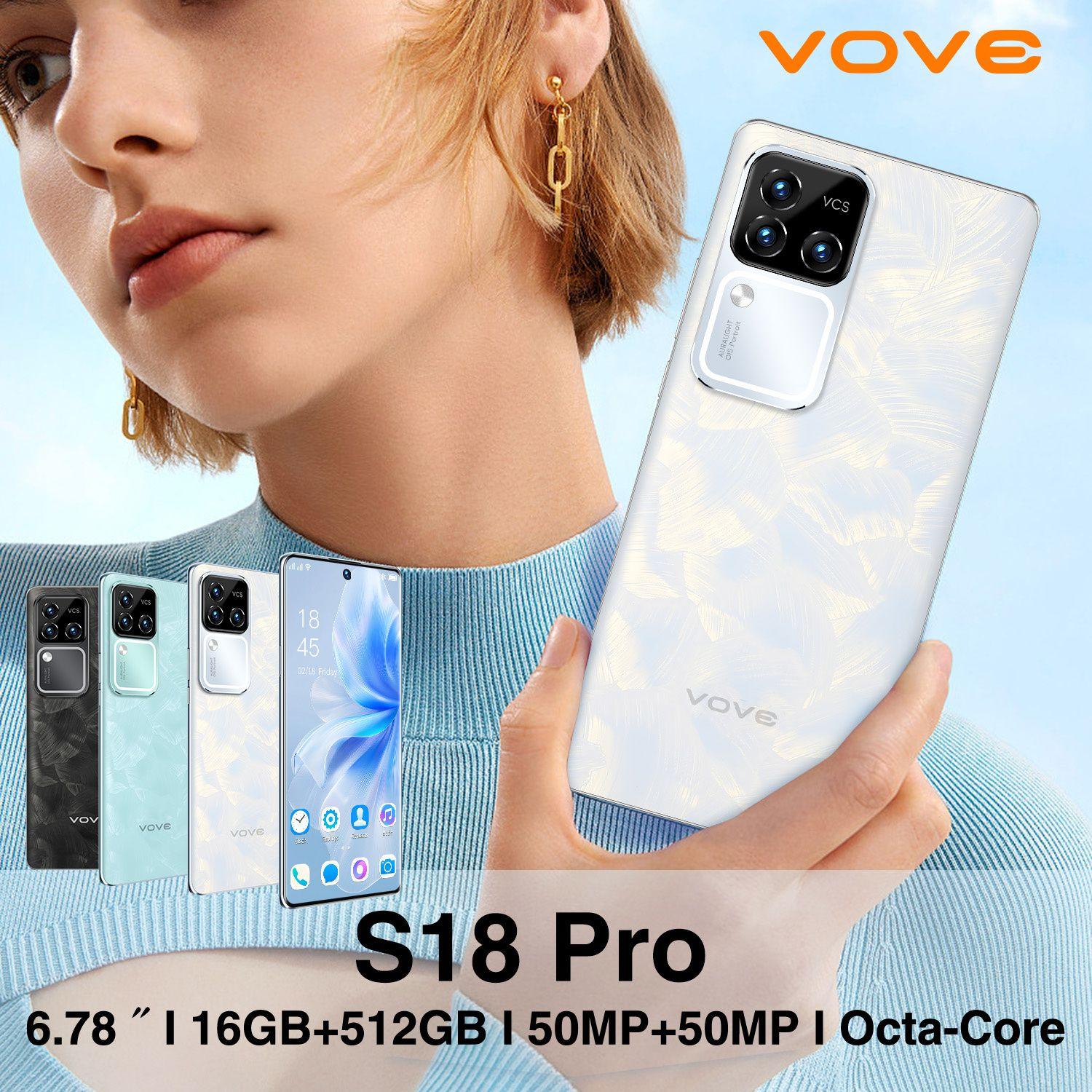 vove Смартфон Смартфон S18pro, 16+512GB суперпамять, 50MP HD камера, многофункциональный смартфон, Android 13, MTK чип, высокая скорость работы EU 16/512 ГБ, белый