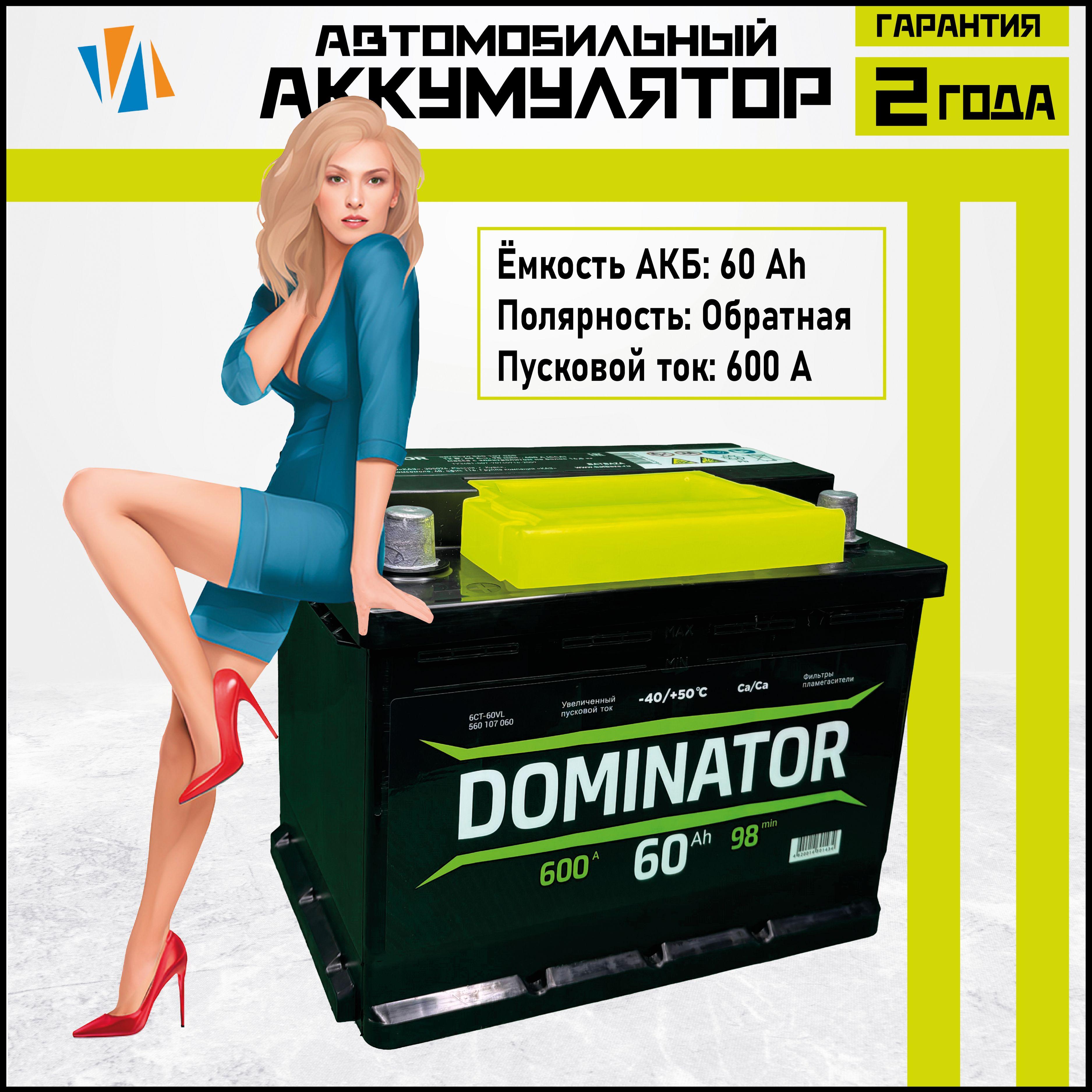 Аккумулятор автомобильный Dominator 60 Ач VLR (оп) обратная полярность ,стартерный акб на машину ,на авто