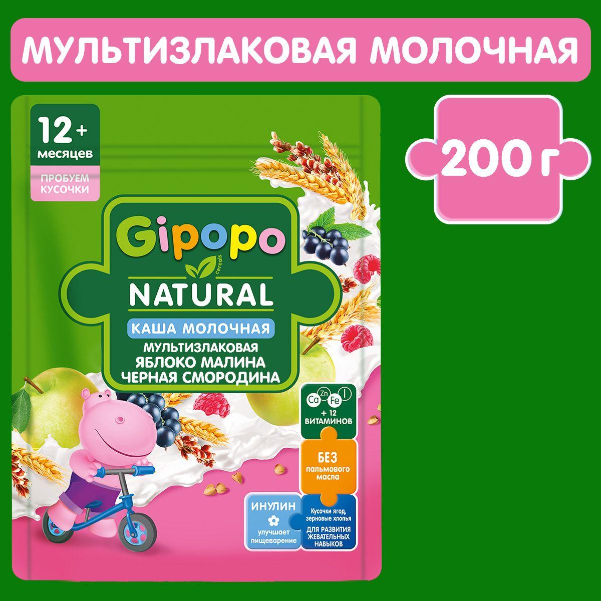 Каша мультизлаковая детская  GIPOPO с 12 месяцев, молочная, с кусочками яблока, малины и черной смородиной, 200 г