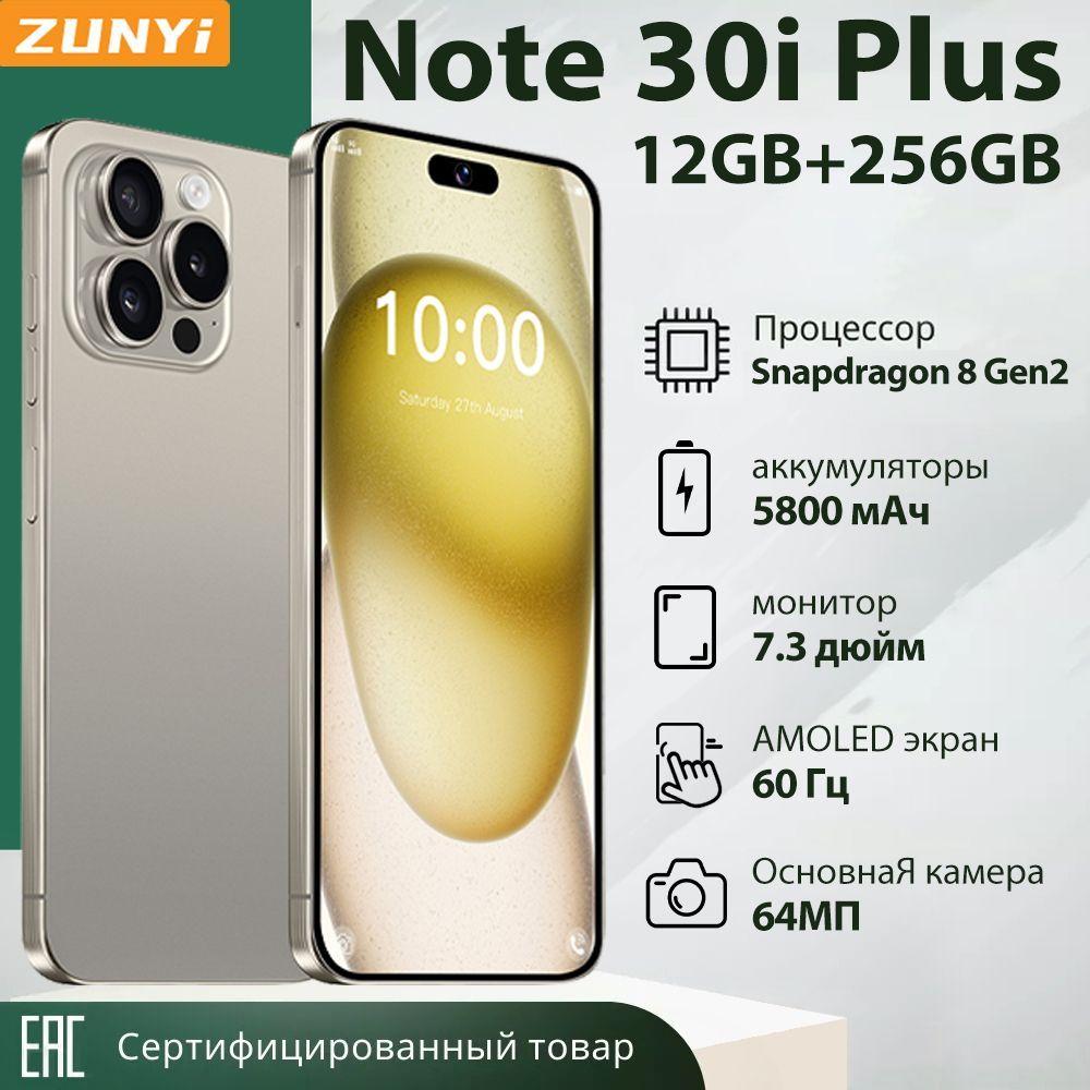 ZUNYI Смартфон 16 Pro Max，Note 30i Plus, глобальная русская версия, сеть 4g, две SIM-карты, 7,3 дюйма, ударопрочная и водонепроницаемая защита, мощные игровые функции, гибкая камера, длительное время автономной работы，Интерфейс Type-C， Ростест (EAC) 12/256 ГБ, серый металлик