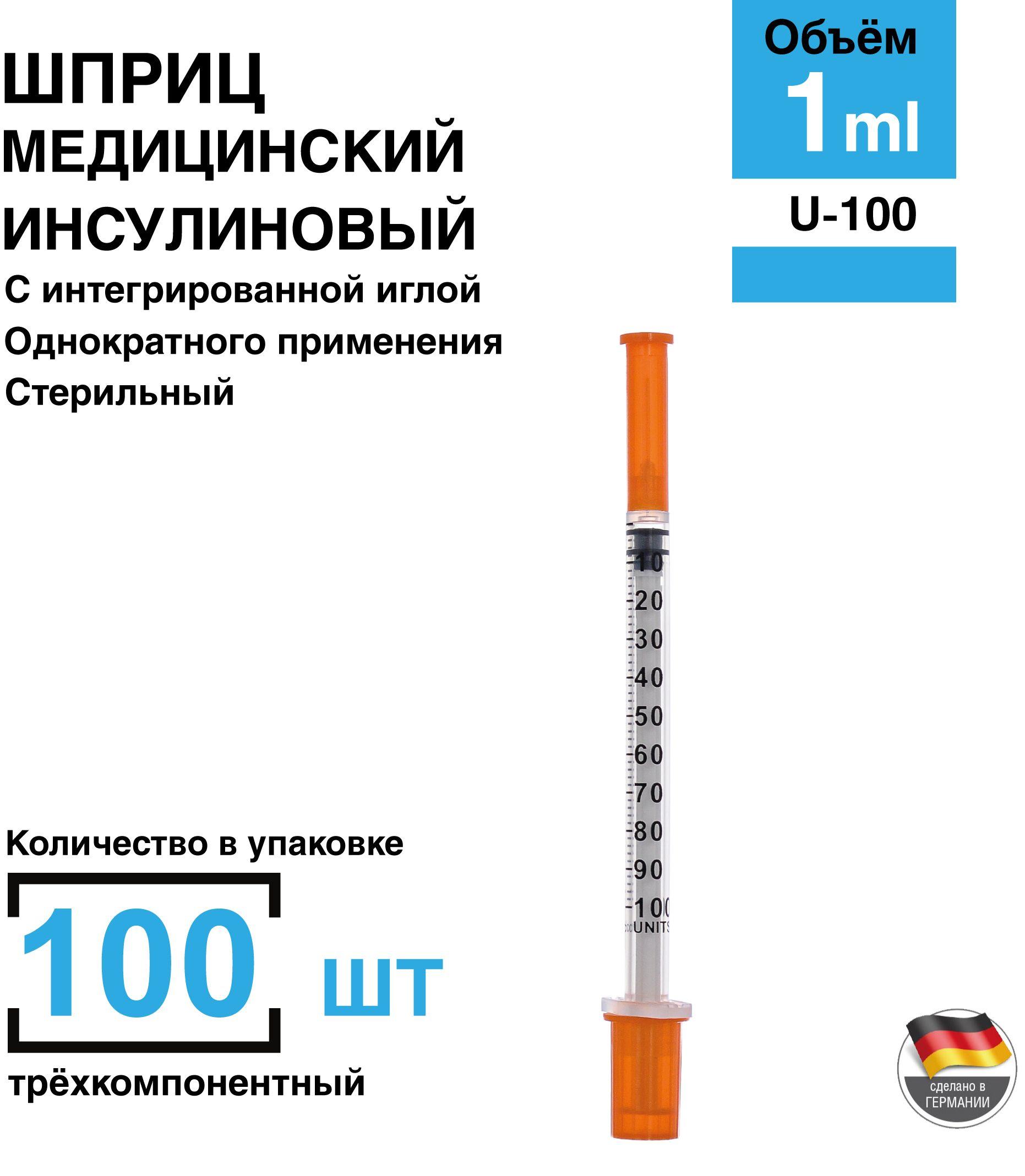 Шприц 1 мл. 100 шт/уп. U-100 инсулиновый, с интегрированной иглой 29G (0,3 х 8 мм) Германия