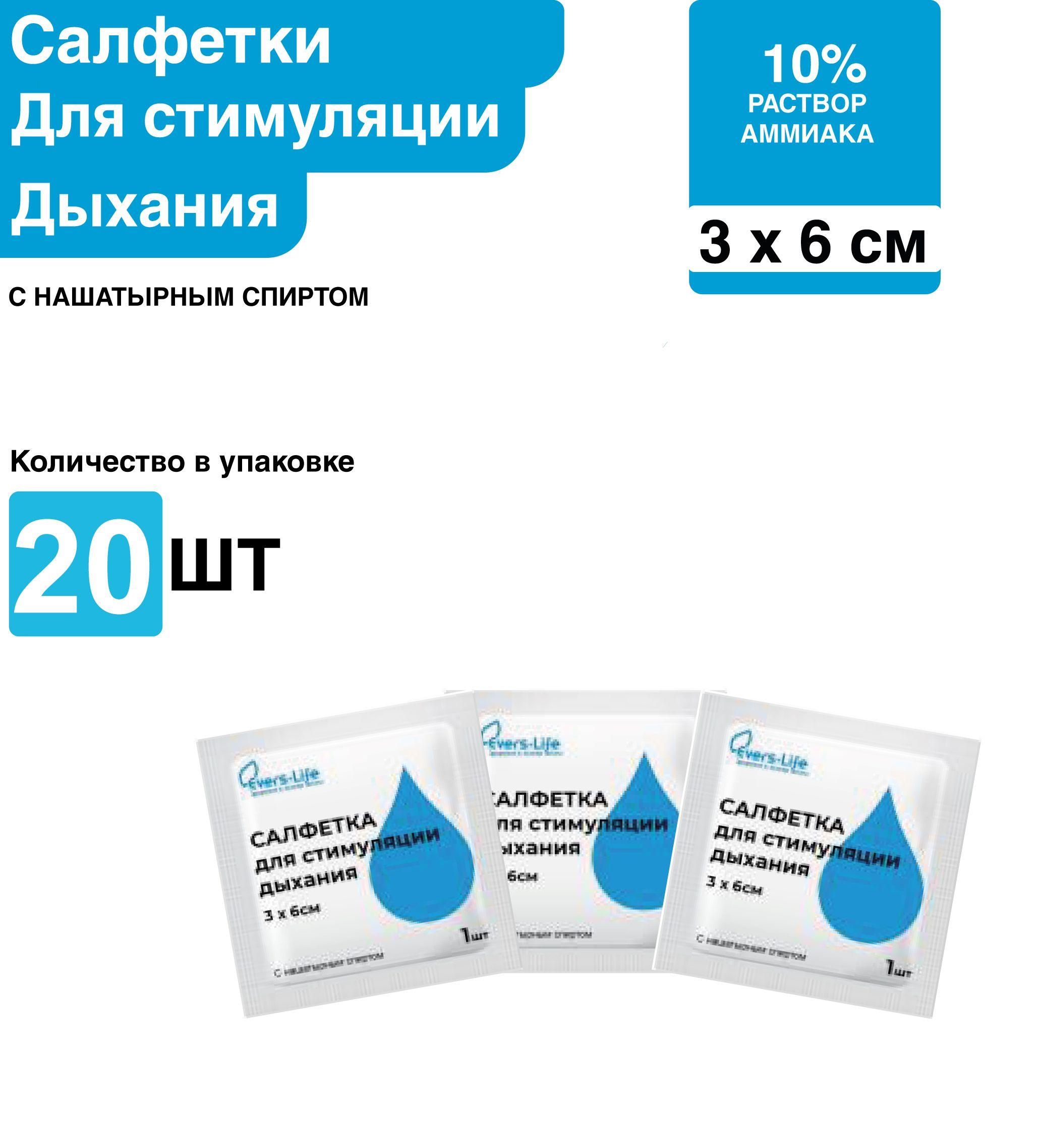 Салфетки для стимуляции дыхания 20 шт, с нашатырным спиртом 3 х 6 см