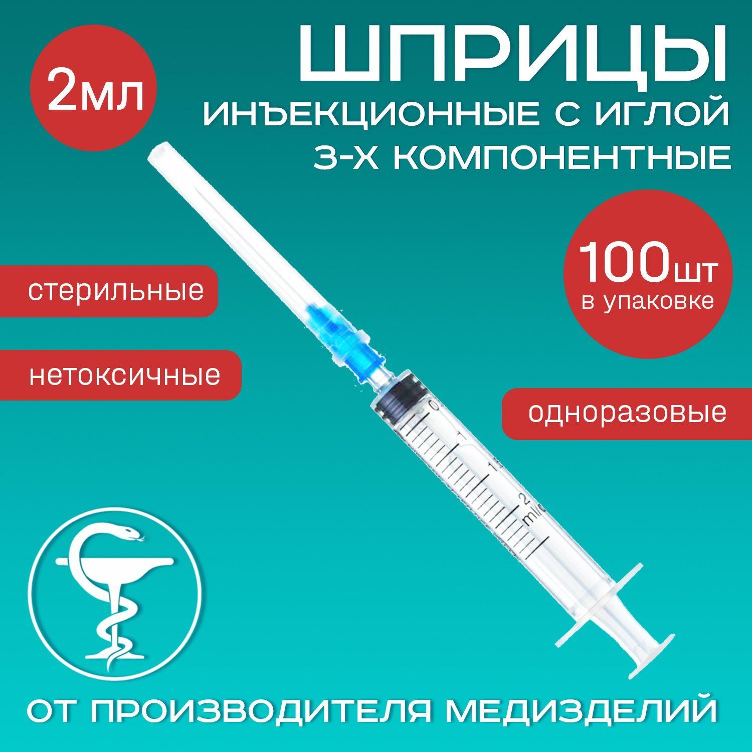 Шприцы медицинские 2 мл 100 шт 3-х компонентные инъекционные одноразовые с иглой