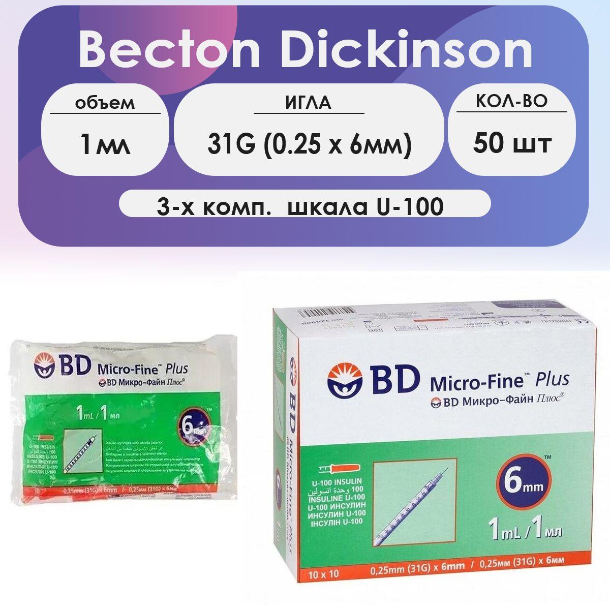 Шприц BD Micro-Fine Plus (3-комп.) 1мл U100 игла 31G (0,25 х 6мм) - 50шт комплект